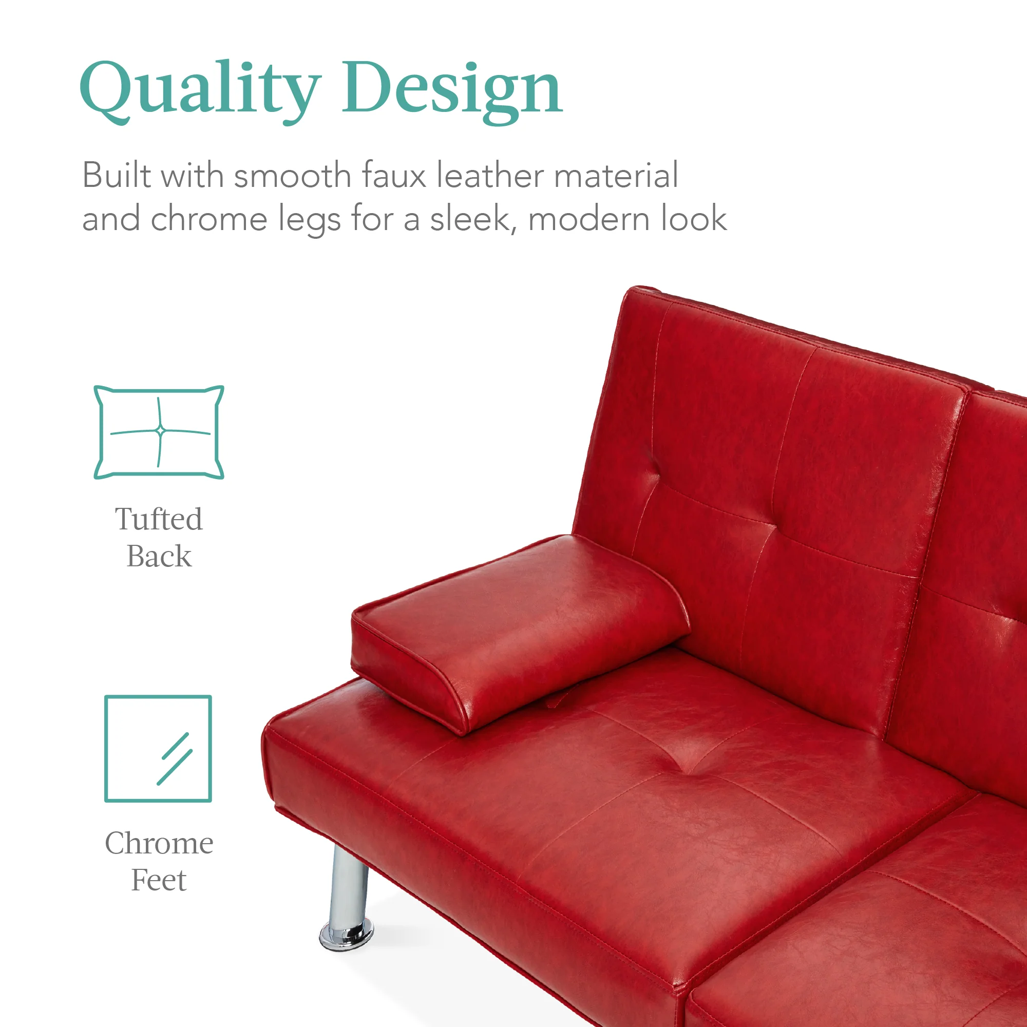 Faux Leather Upholstered Convertible Sofa Bed Futon w/ 2 Cupholders - Image 88