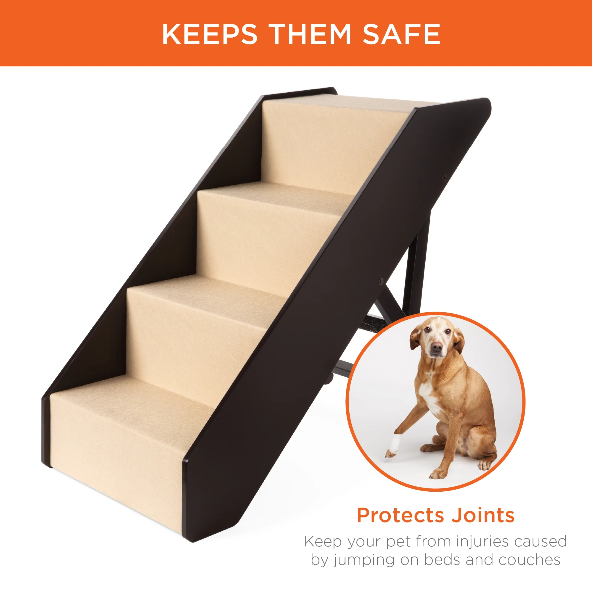 Foldable Adjustable, Non-Slip Wide Wooden Carpeted Pet Step Stairs - Image 9