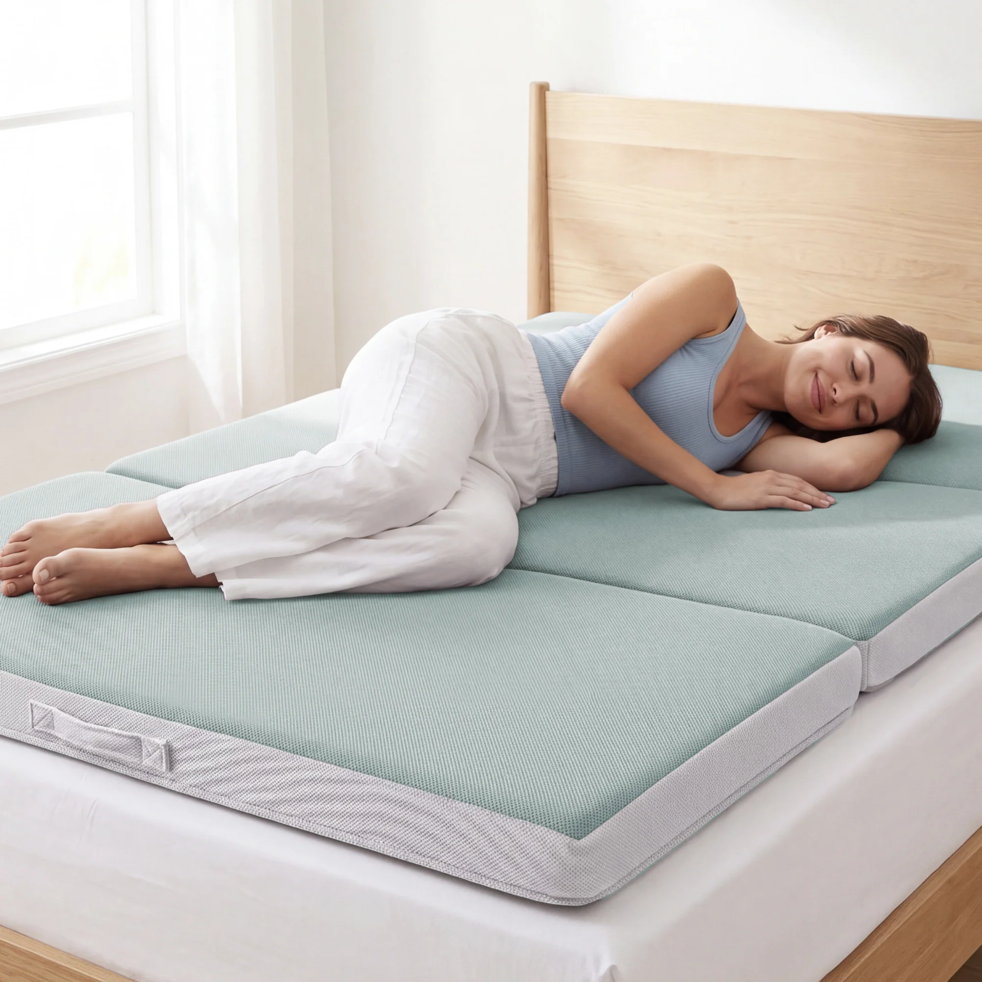 4in Portable Mattress Topper, Tri-Fold Mattress Pad - Seafoam - Image 8