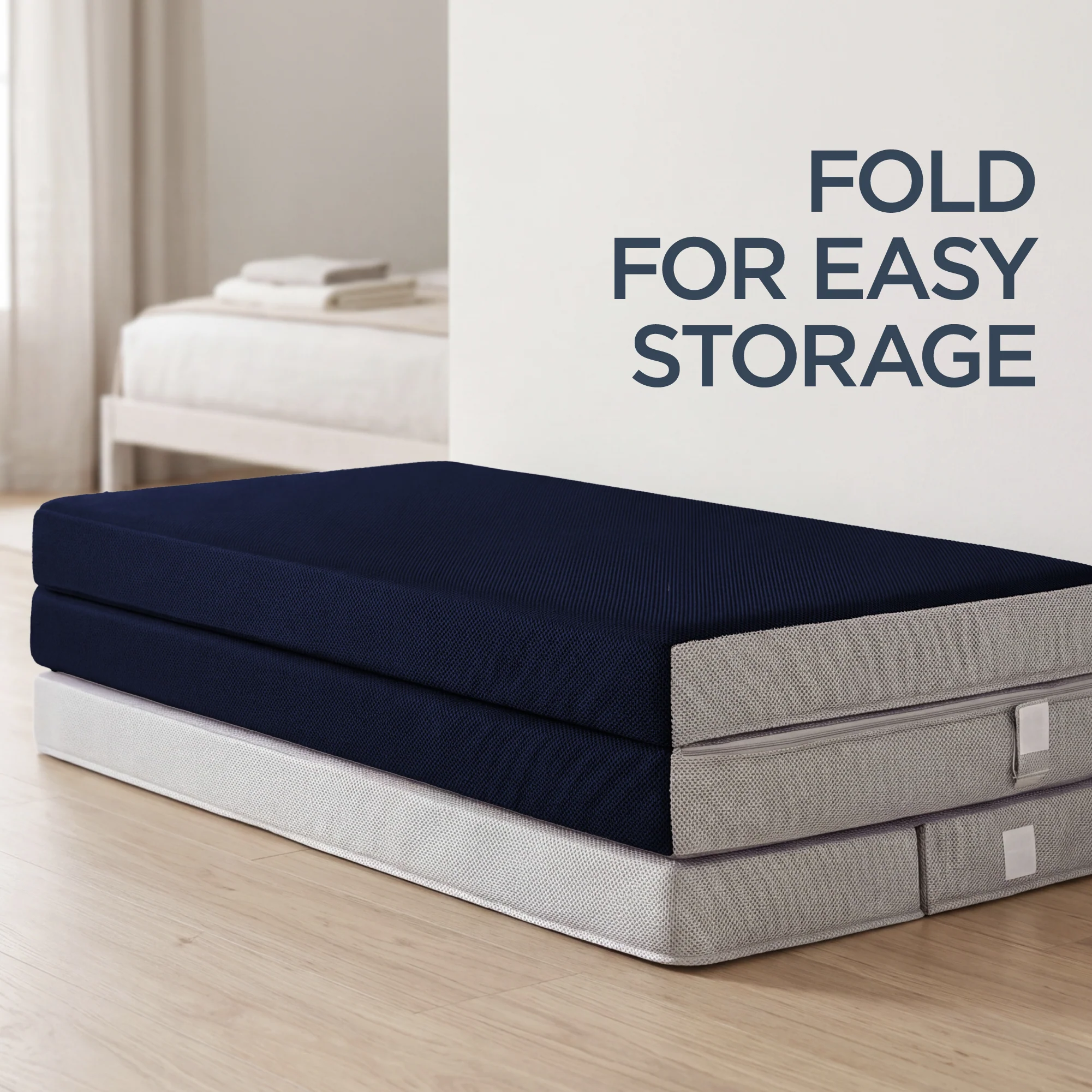 4in Portable Mattress Topper, Tri-Fold Mattress Pad - Midnight Blue - Image 4