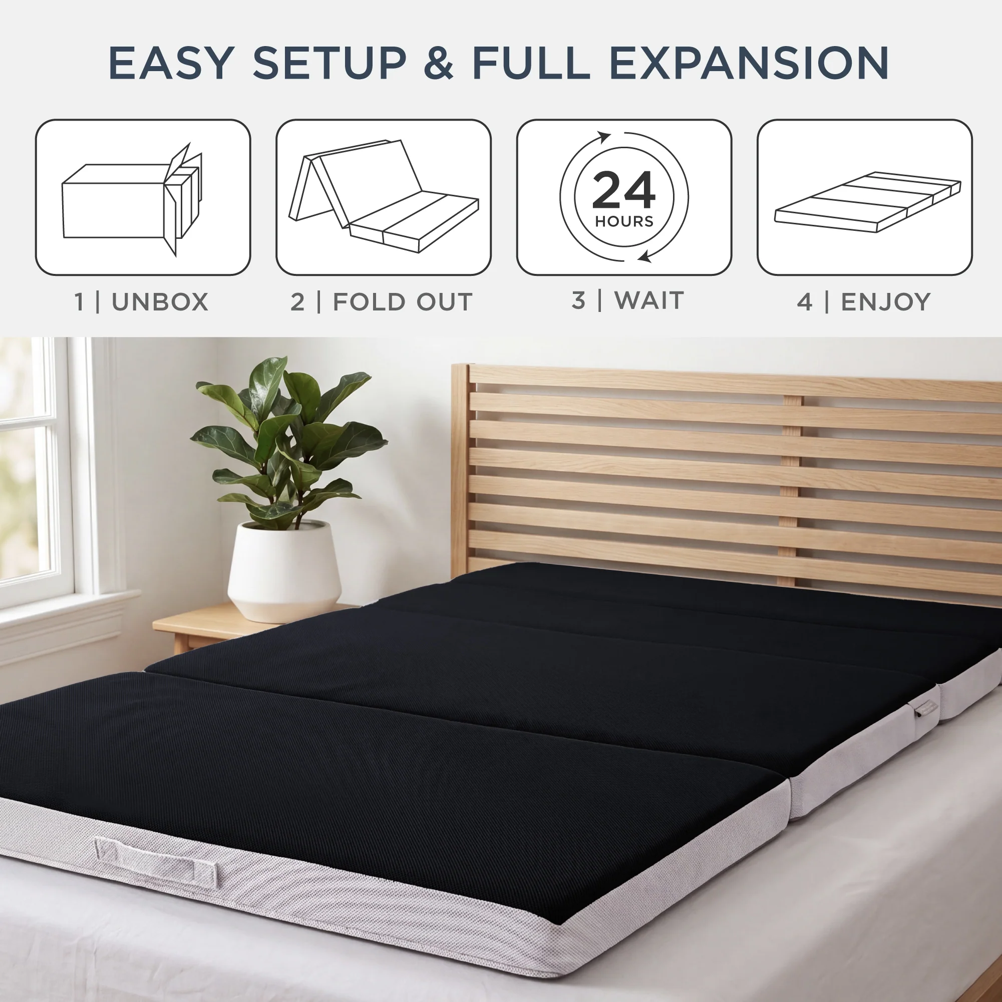 4in Portable Mattress Topper, Tri-Fold Mattress Pad - Onyx Black - Image 20