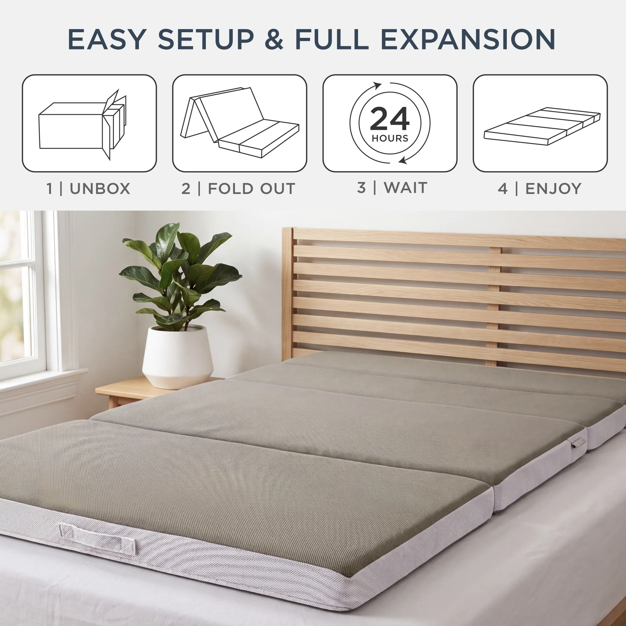 4in Portable Mattress Topper, Tri-Fold Mattress Pad - Taupe - Image 6