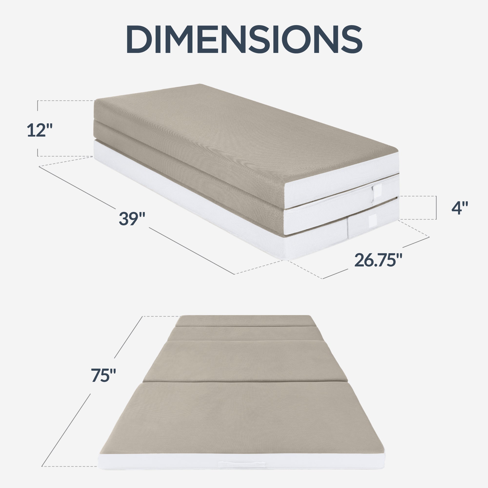 4in Portable Mattress Topper, Tri-Fold Mattress Pad - Taupe - Image 9
