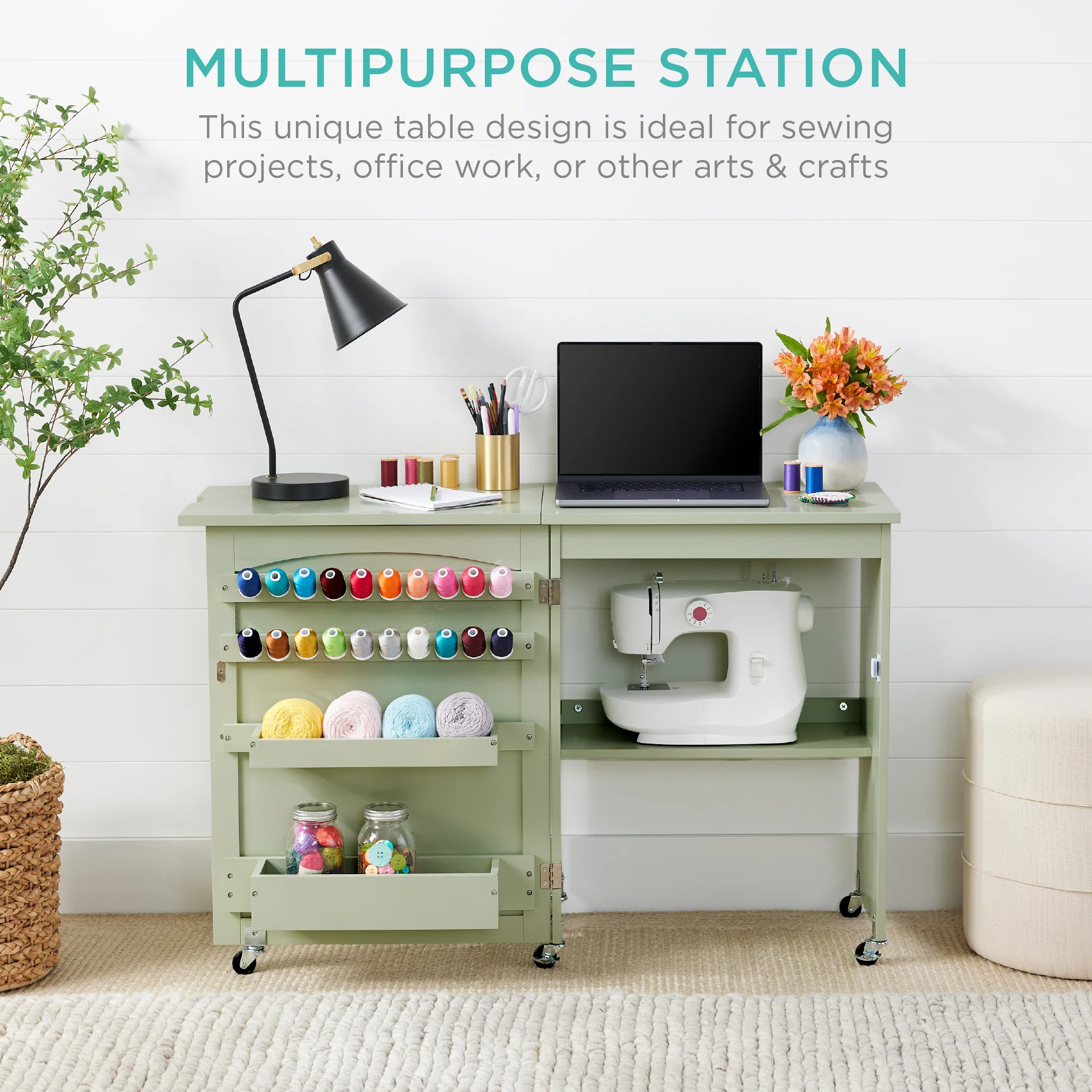 Folding Sewing Table Multipurpose Craft Station & Side Table w/ Wheels - Image 11