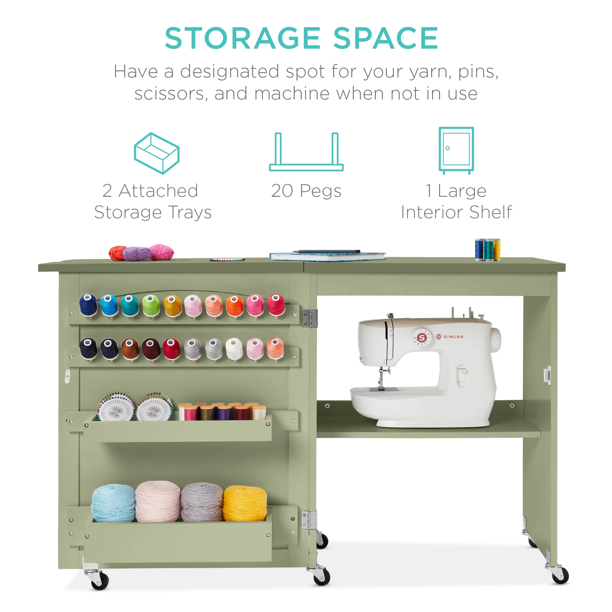 Folding Sewing Table Multipurpose Craft Station & Side Table w/ Wheels - Image 38