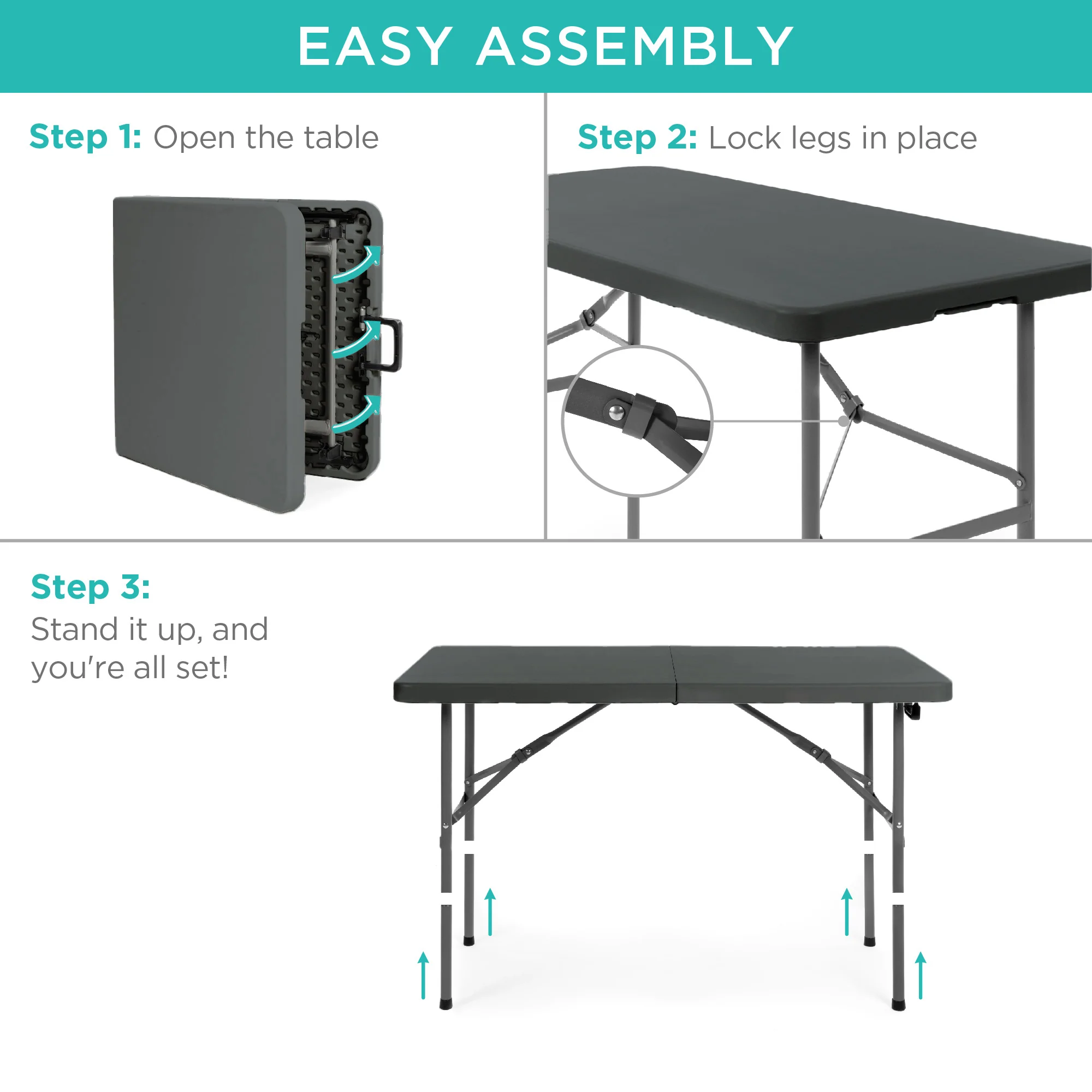 Portable Folding Plastic Dining Table w/ Handle, Lock - 4ft - Image 14