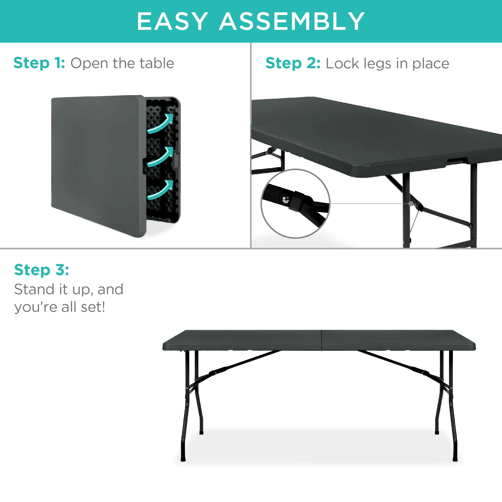 Portable Folding Plastic Dining Table w/ Handle, Lock - 6ft - Image 20