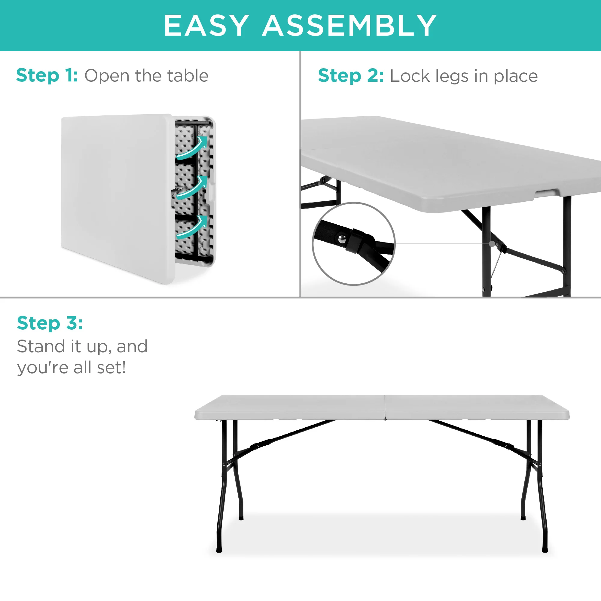 Portable Folding Plastic Dining Table w/ Handle, Lock - 6ft - Image 27