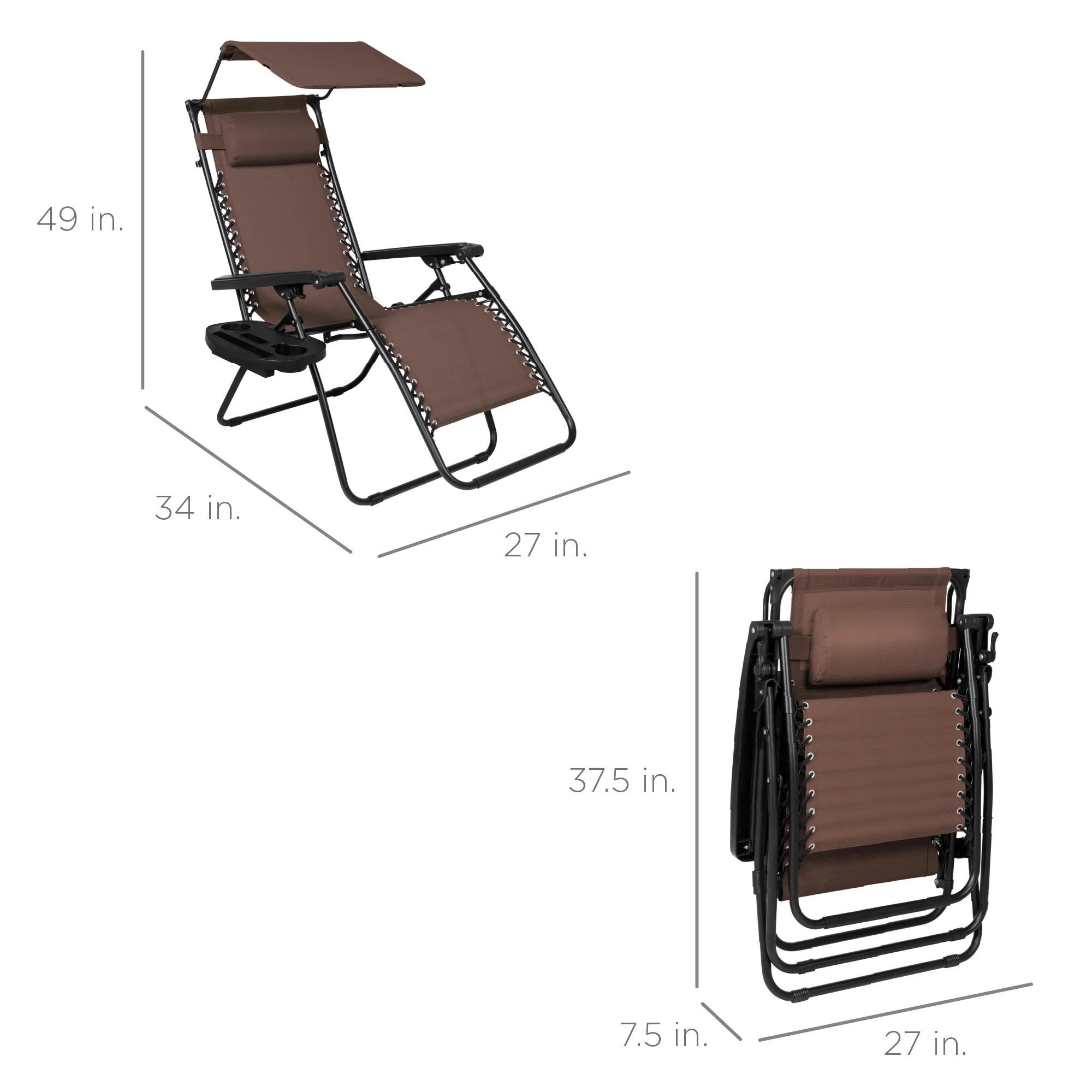 Folding Zero Gravity Recliner Patio Lounge Chair w/ Canopy, Side Tray - Image 106