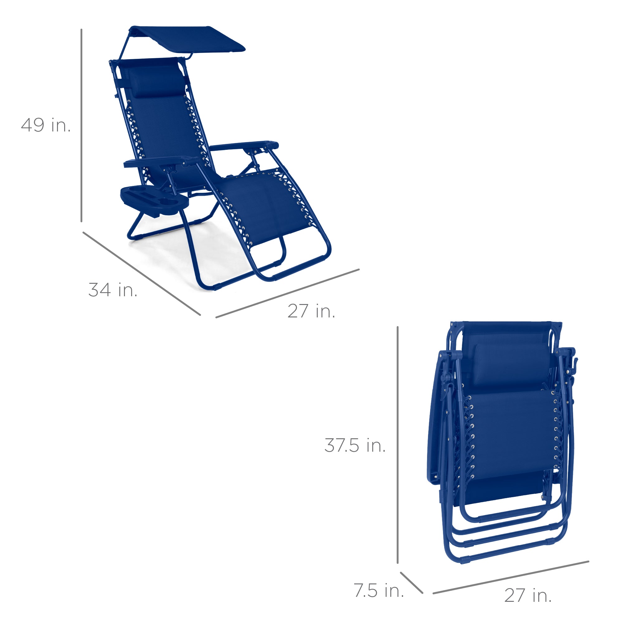 Folding Zero Gravity Recliner Patio Lounge Chair w/ Canopy, Side Tray - Image 130