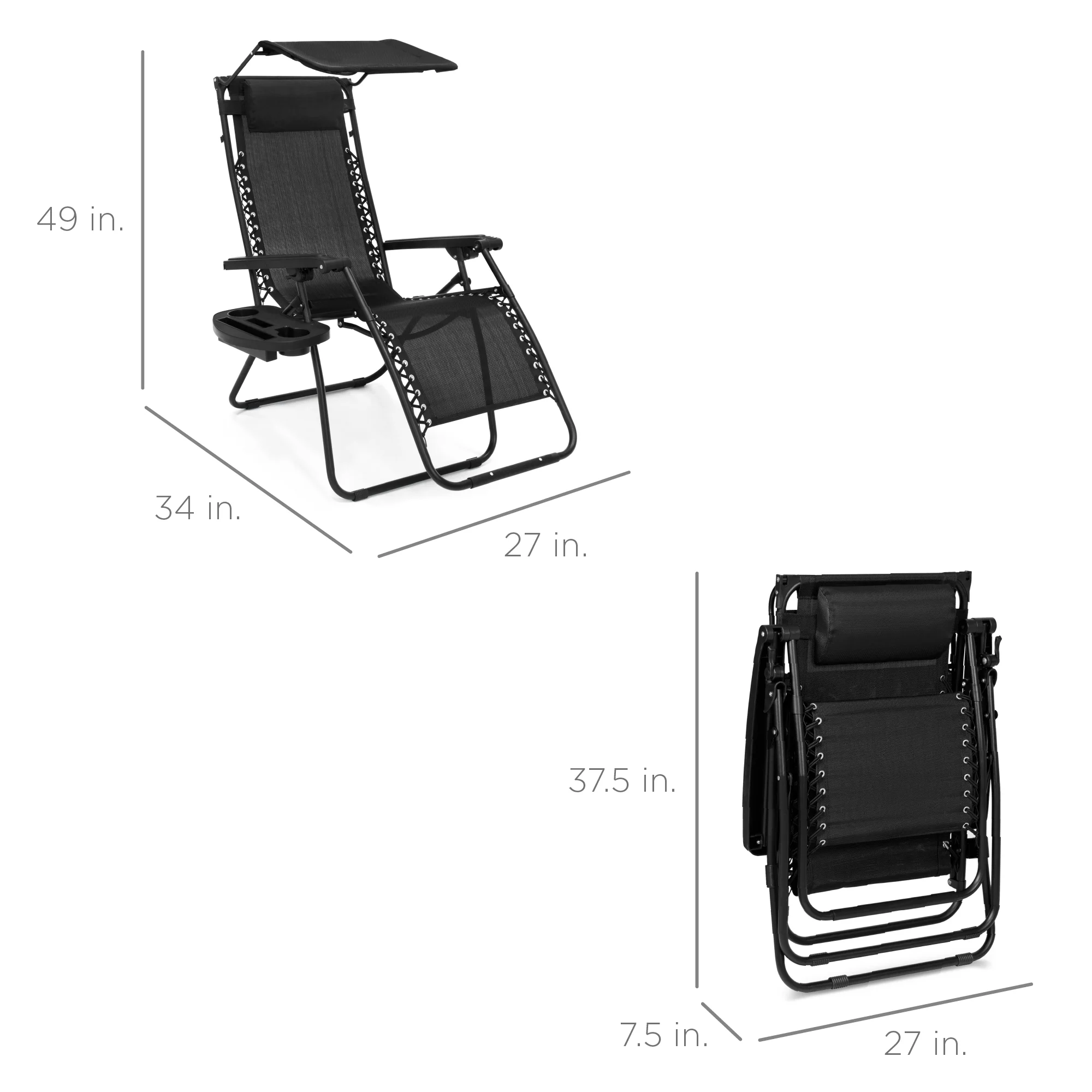 Folding Zero Gravity Recliner Patio Lounge Chair w/ Canopy, Side Tray - Image 134