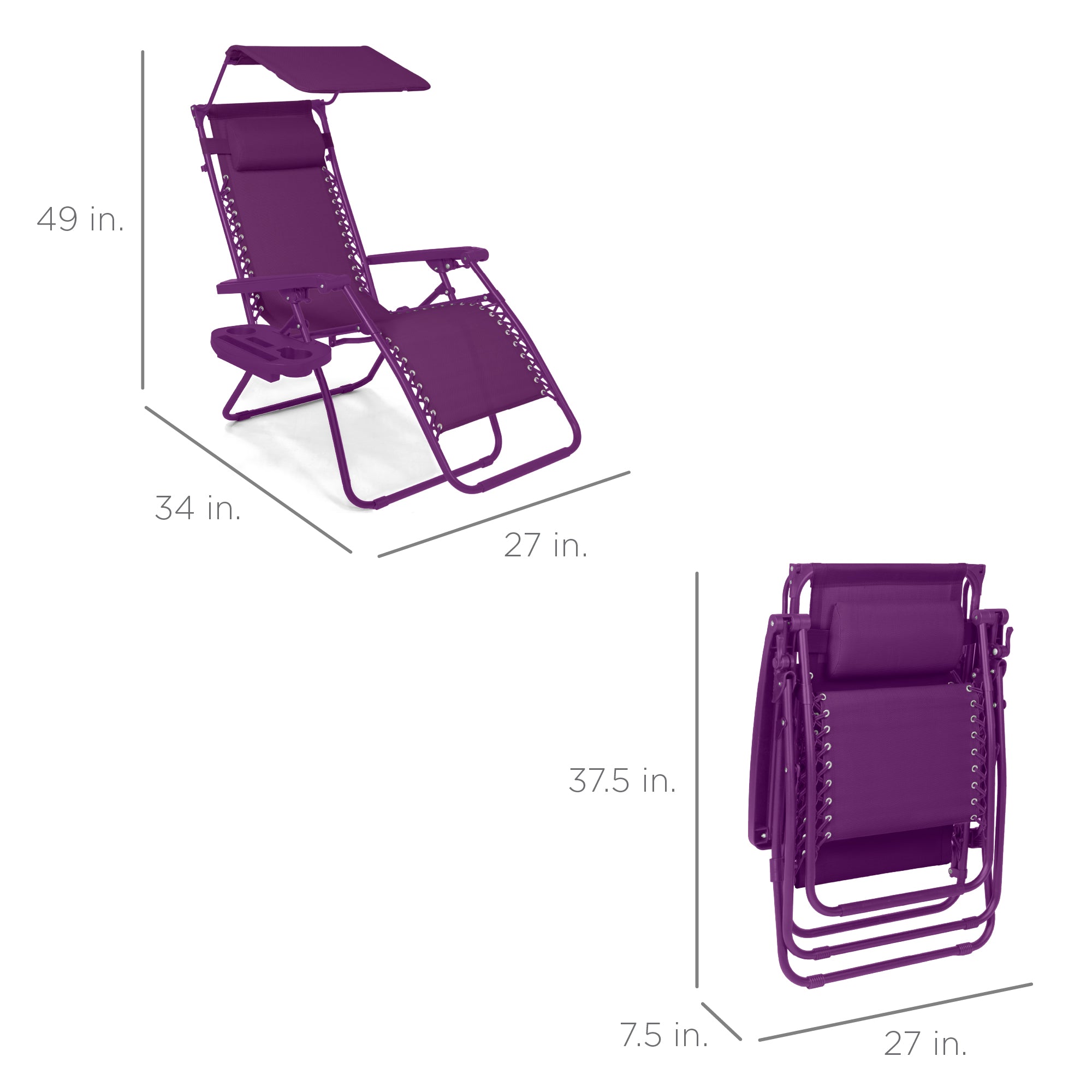 Folding Zero Gravity Recliner Patio Lounge Chair w/ Canopy, Side Tray - Image 146