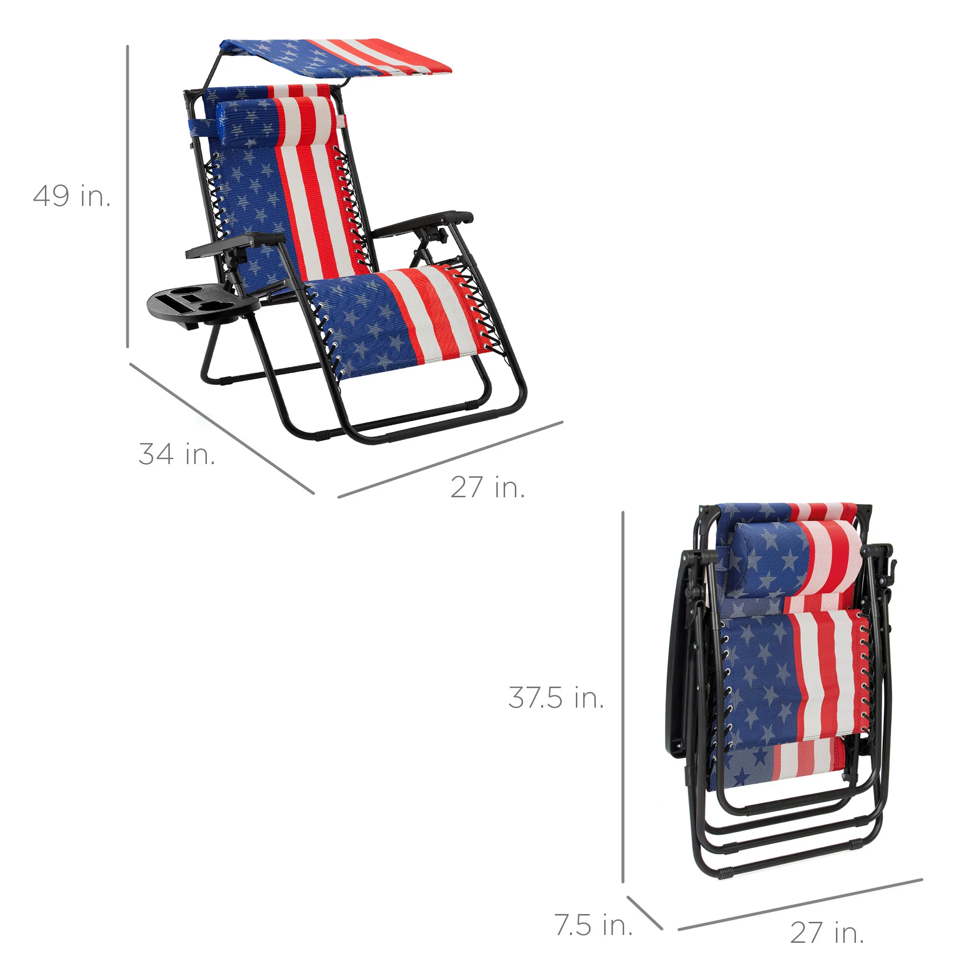Folding Zero Gravity Recliner Patio Lounge Chair w/ Canopy, Side Tray - Image 154