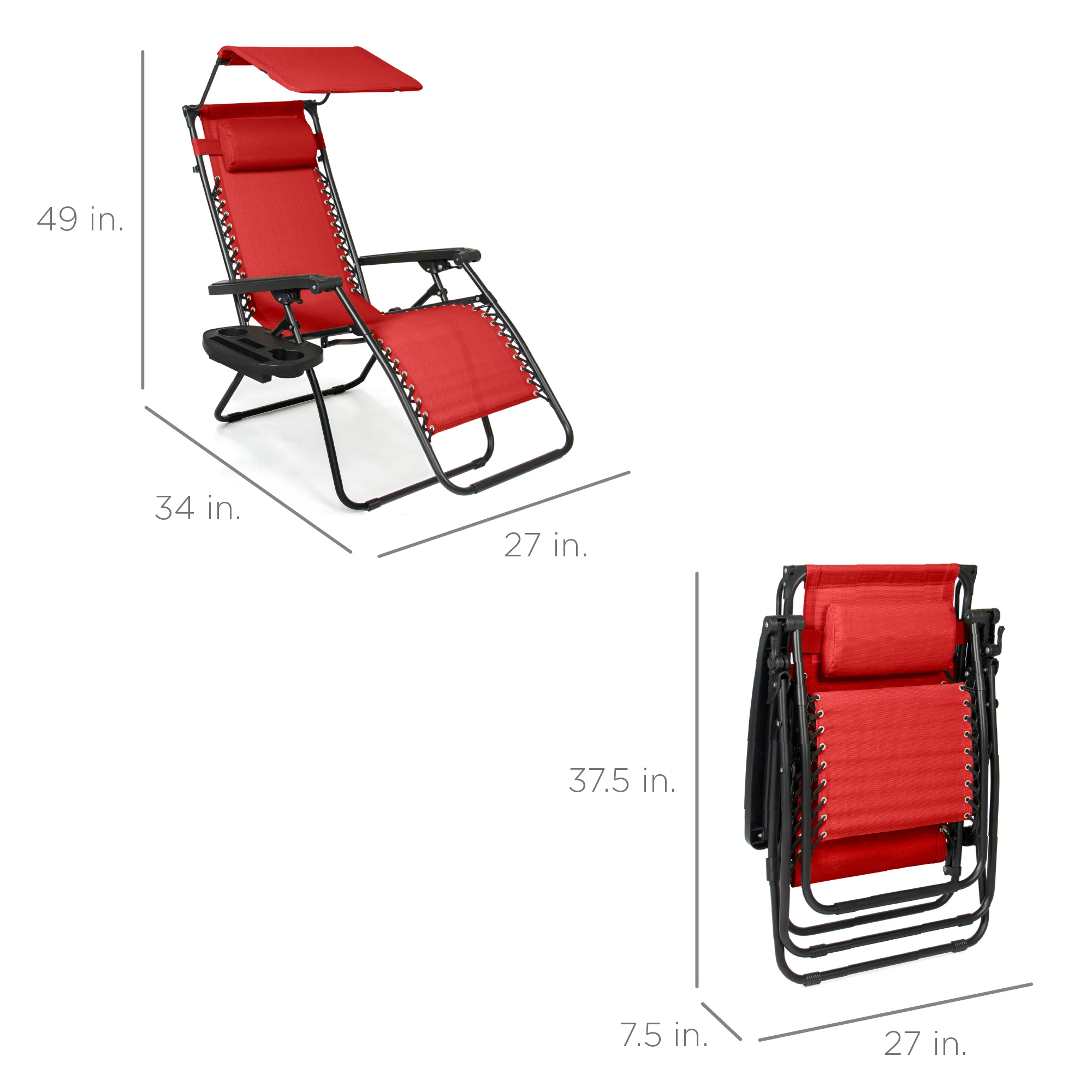 Folding Zero Gravity Recliner Patio Lounge Chair w/ Canopy, Side Tray - Image 22