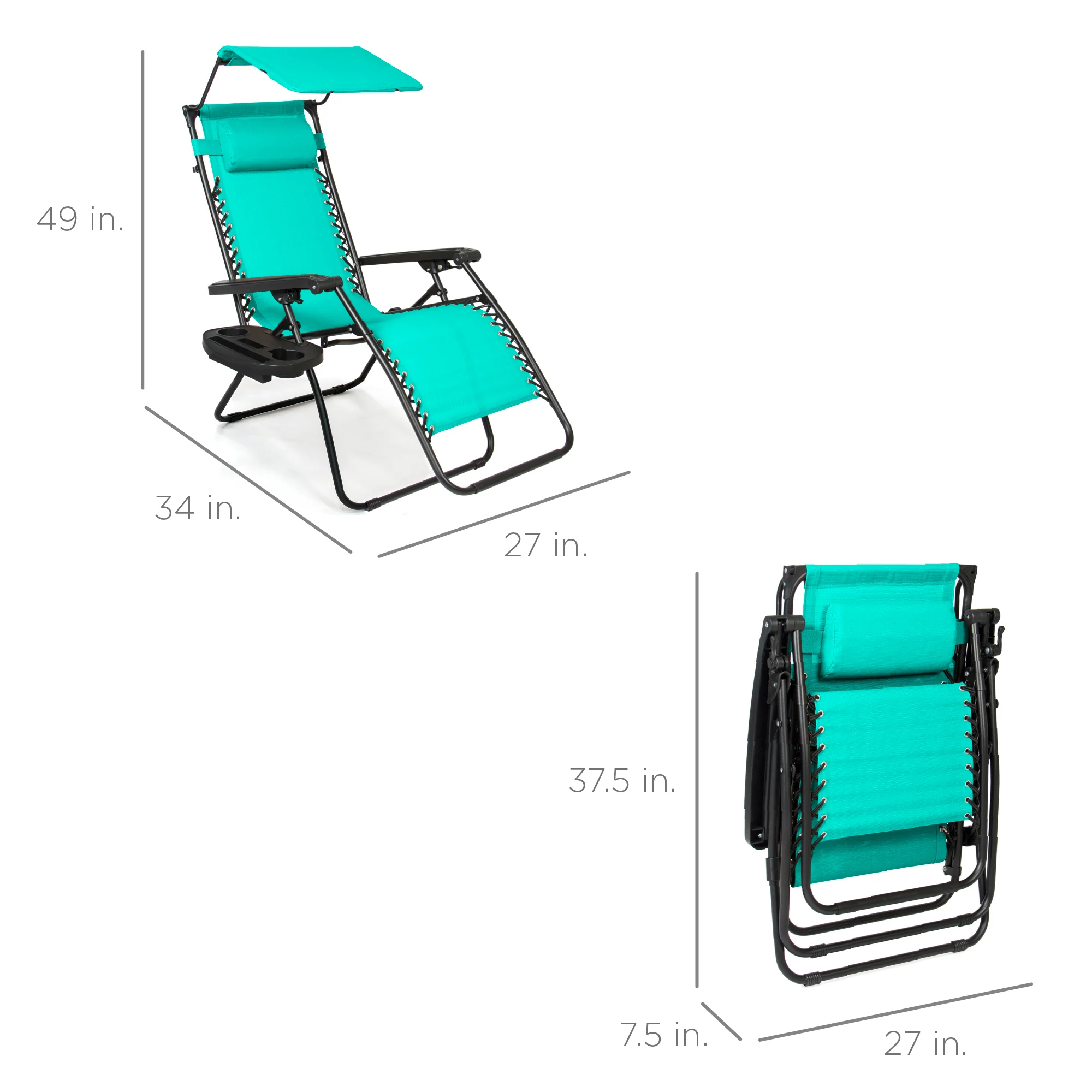 Folding Zero Gravity Recliner Patio Lounge Chair w/ Canopy, Side Tray - Image 54