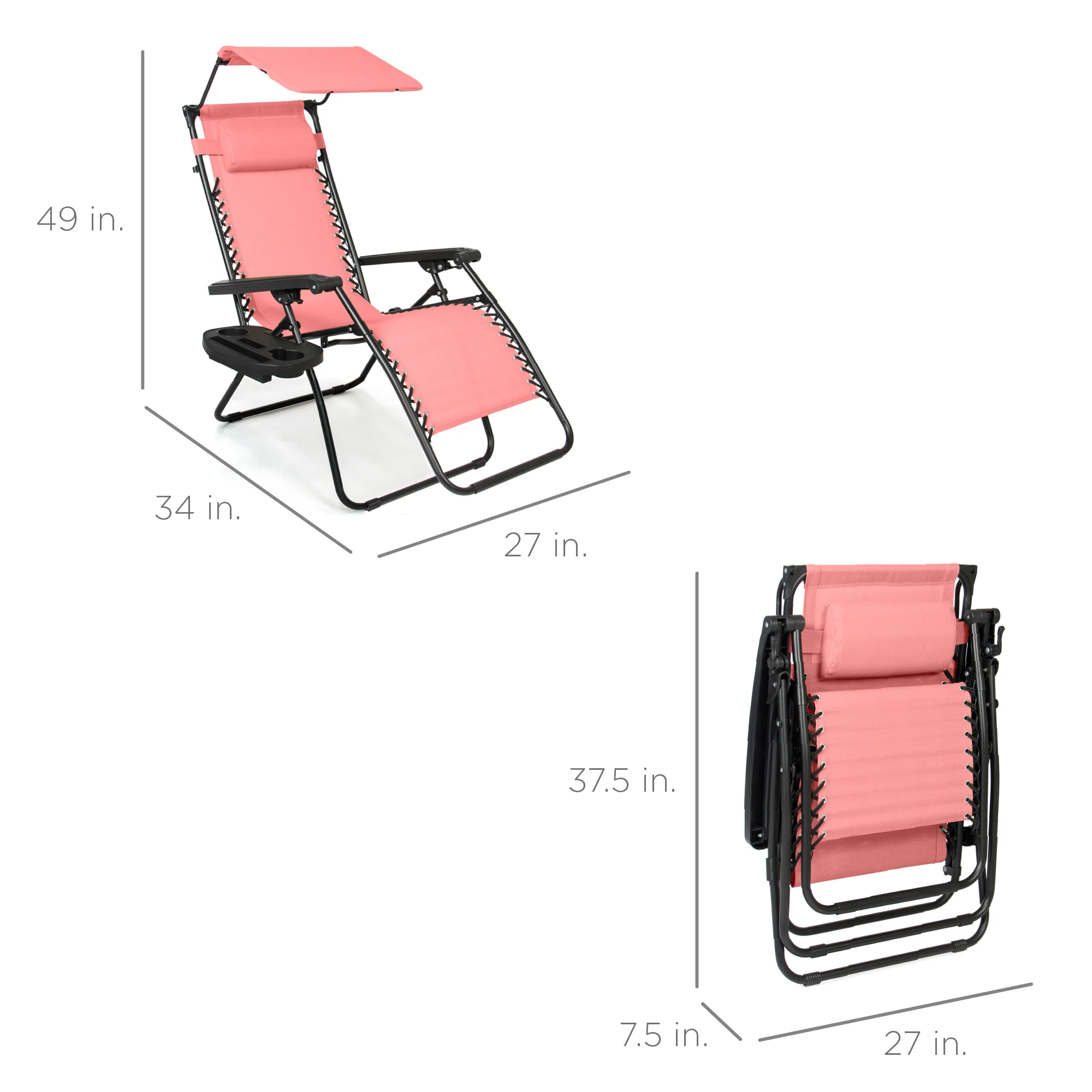Folding Zero Gravity Recliner Patio Lounge Chair w/ Canopy, Side Tray - Image 6