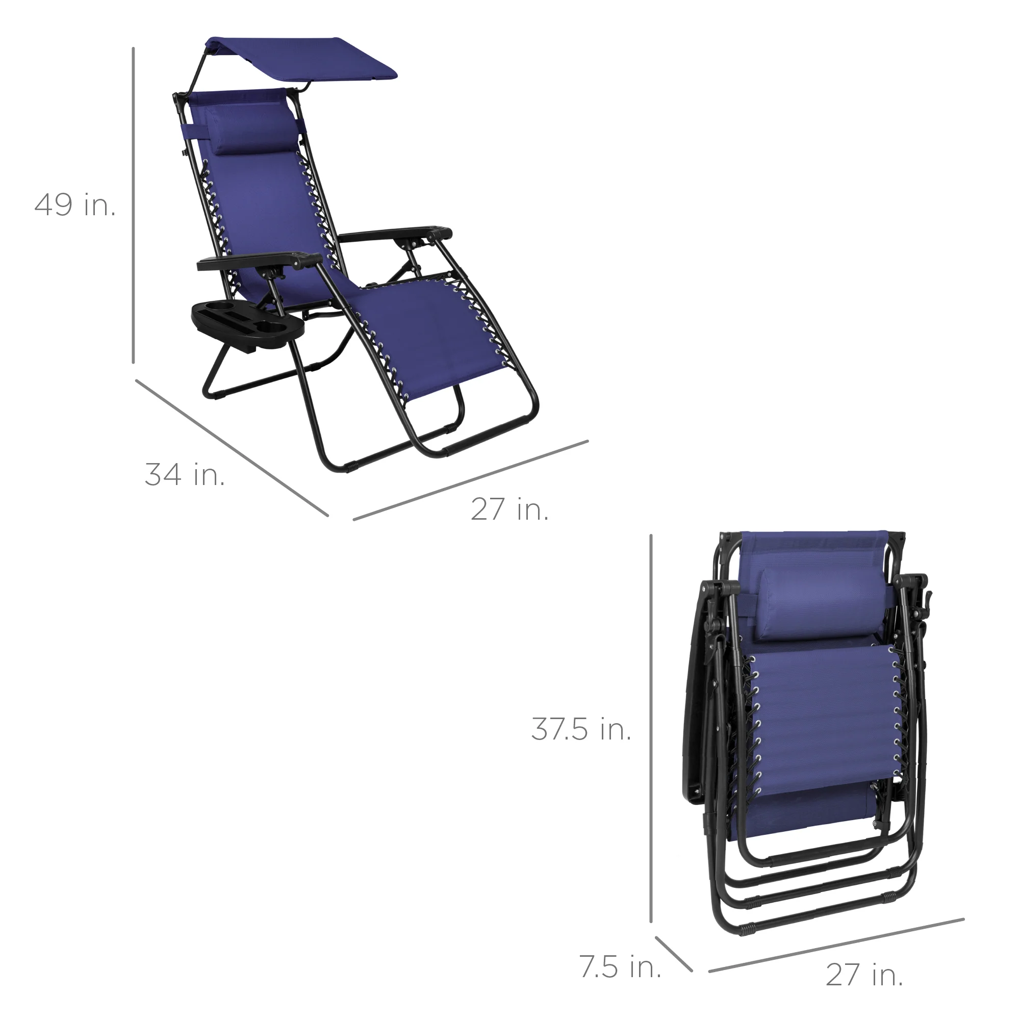 Folding Zero Gravity Recliner Patio Lounge Chair w/ Canopy, Side Tray - Image 66