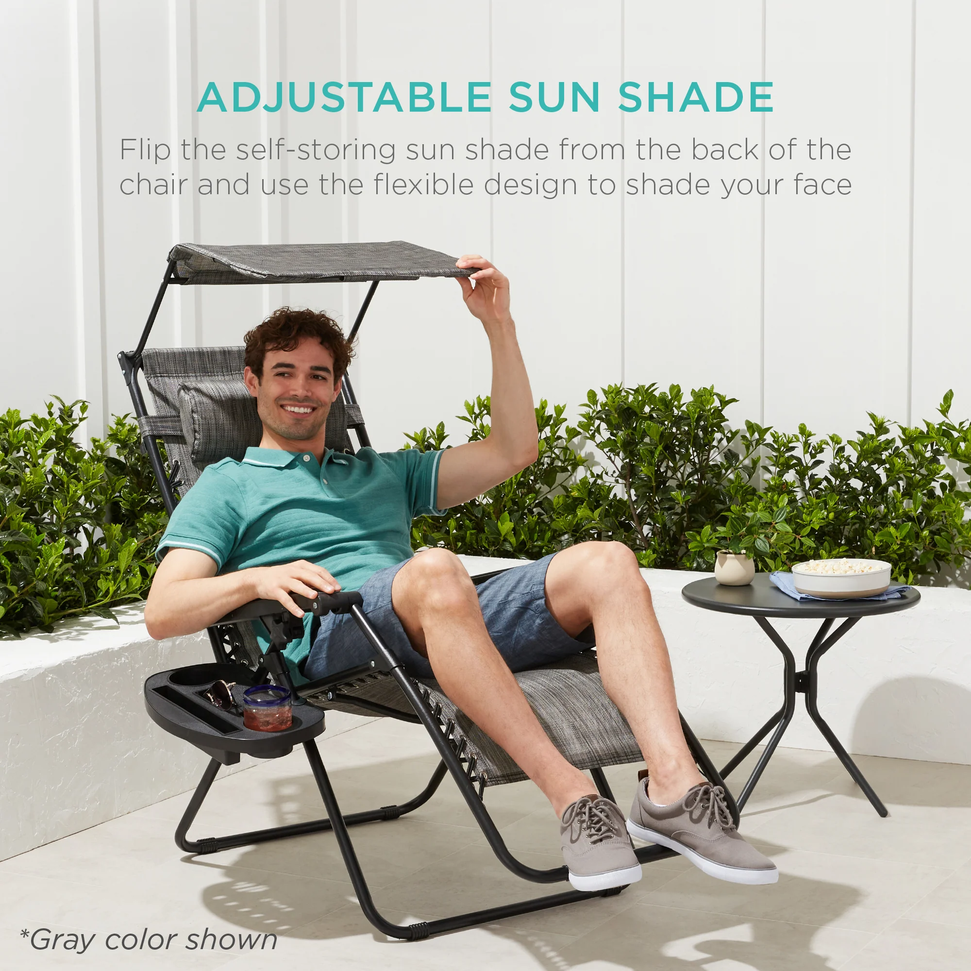 Folding Zero Gravity Recliner Patio Lounge Chair w/ Canopy, Side Tray - Image 8