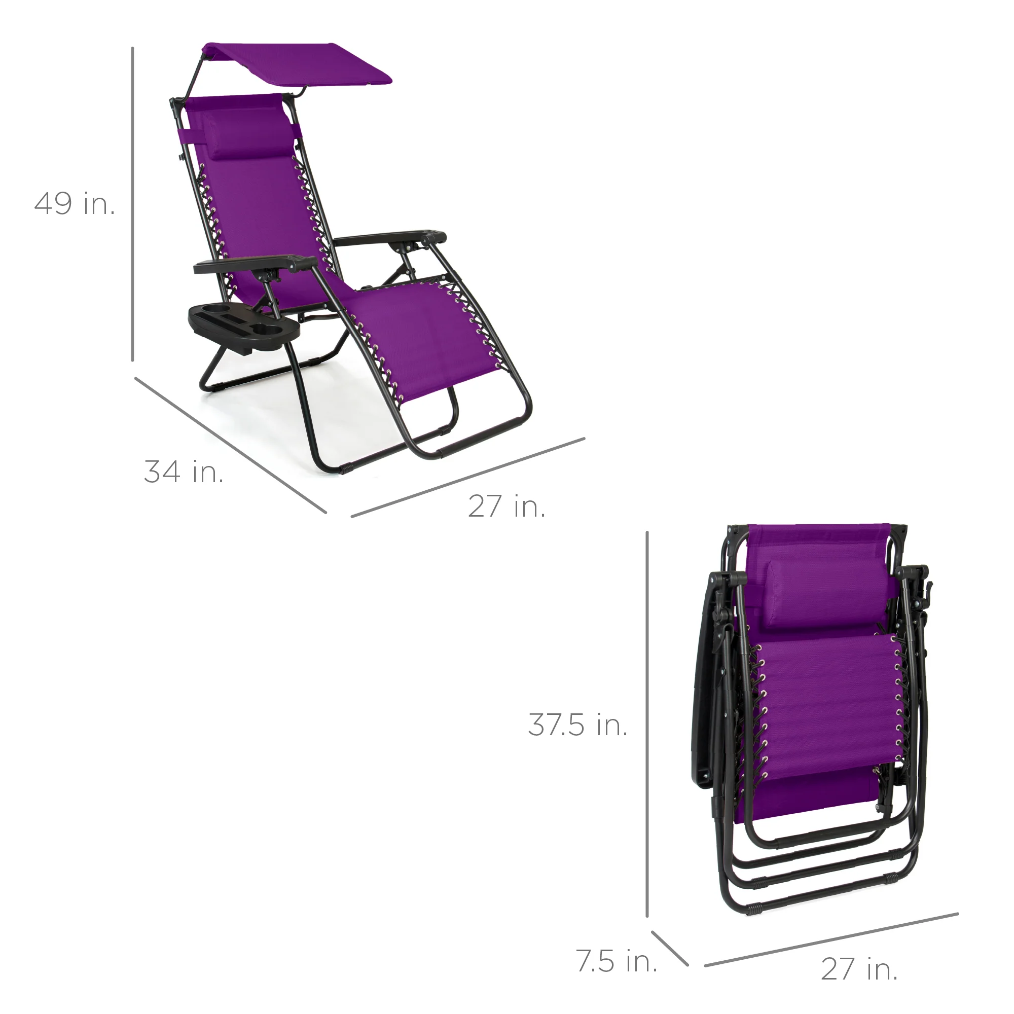 Folding Zero Gravity Recliner Patio Lounge Chair w/ Canopy, Side Tray - Image 90