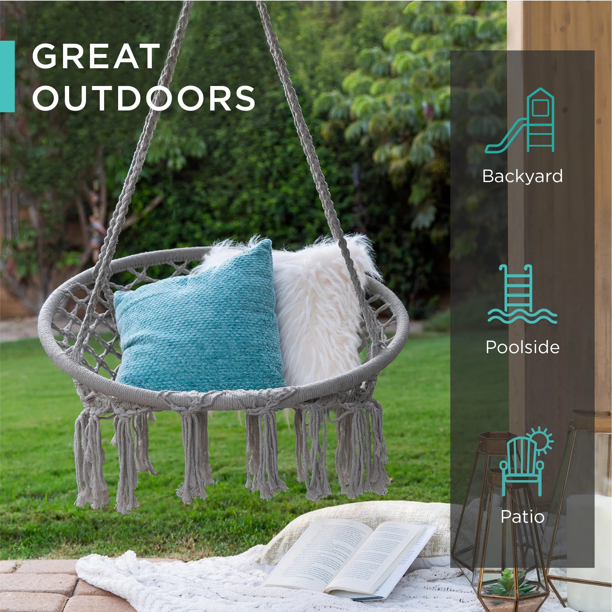 Cotton Macrame Hammock Hanging Chair Swing, Handwoven w/ Backrest - Image 10