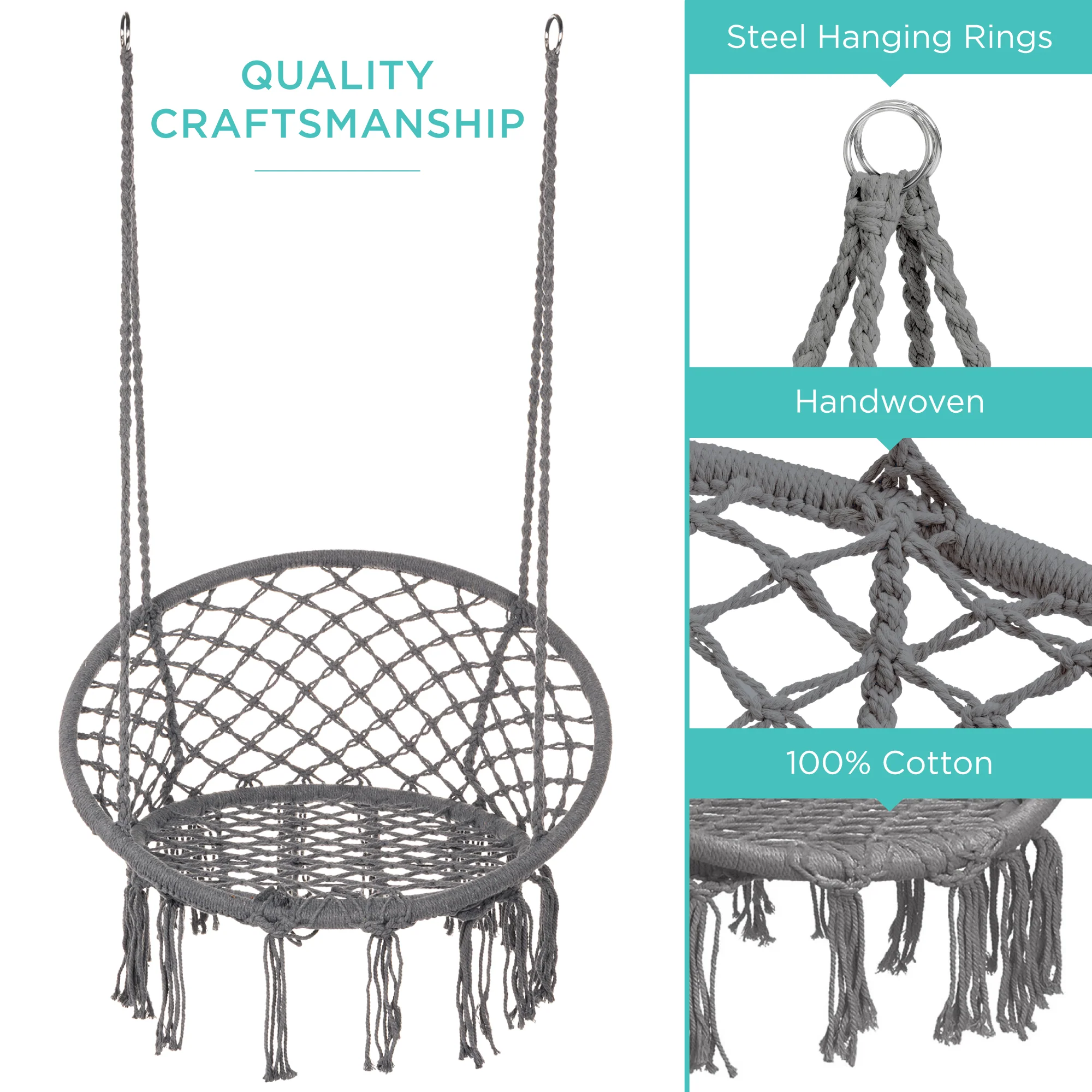 Cotton Macrame Hammock Hanging Chair Swing, Handwoven w/ Backrest - Image 12