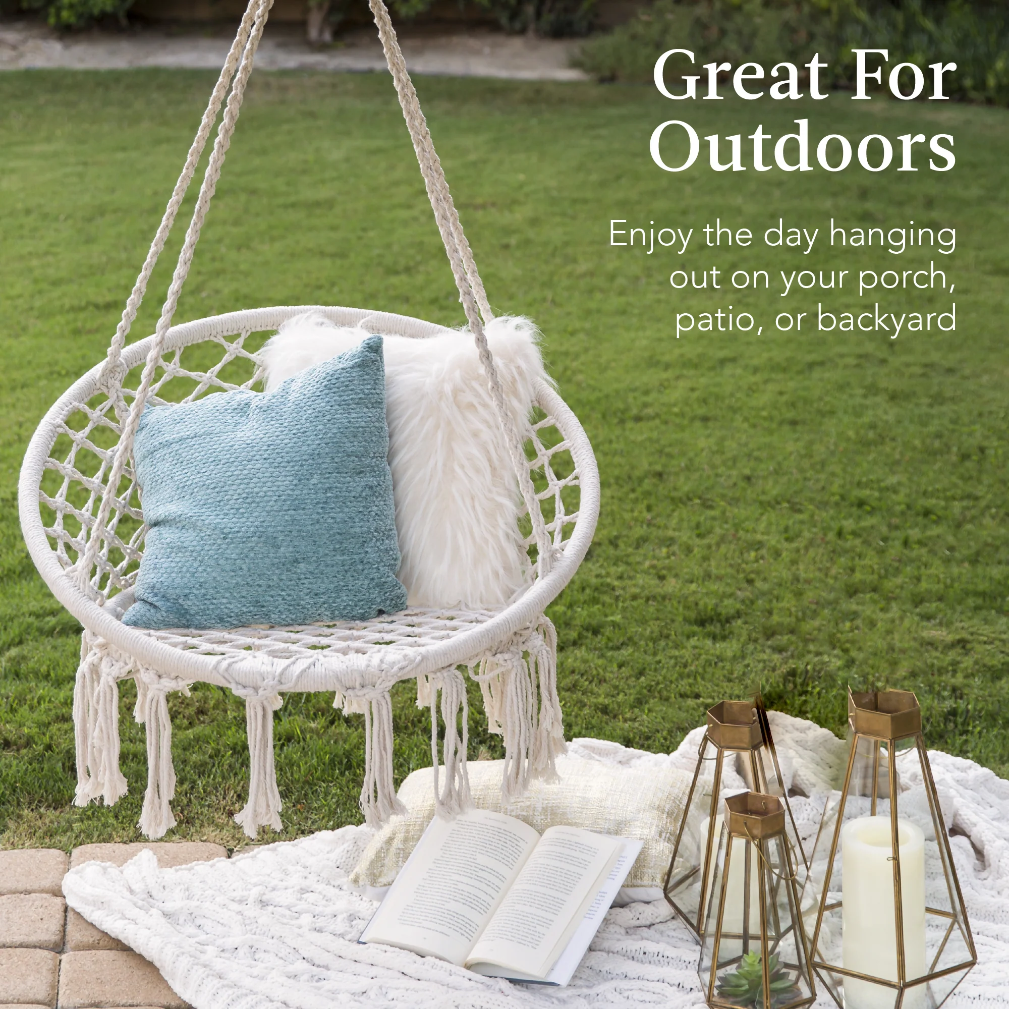 Cotton Macrame Hammock Hanging Chair Swing, Handwoven w/ Backrest - Image 24