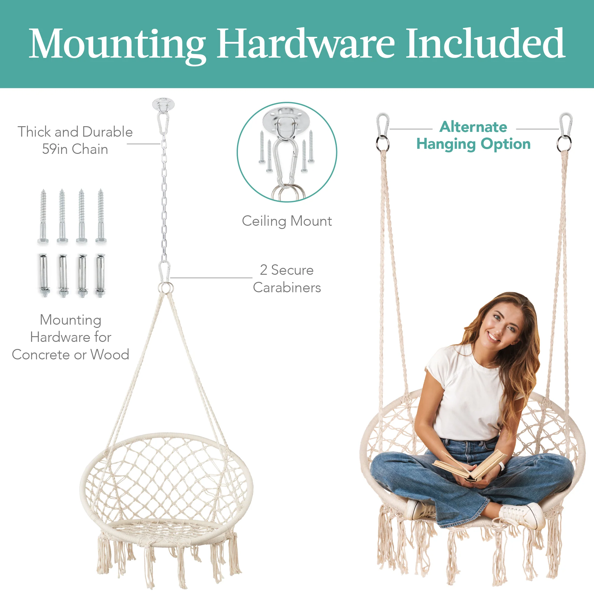 Cotton Macrame Hammock Hanging Chair Swing, Handwoven w/ Backrest - Image 25