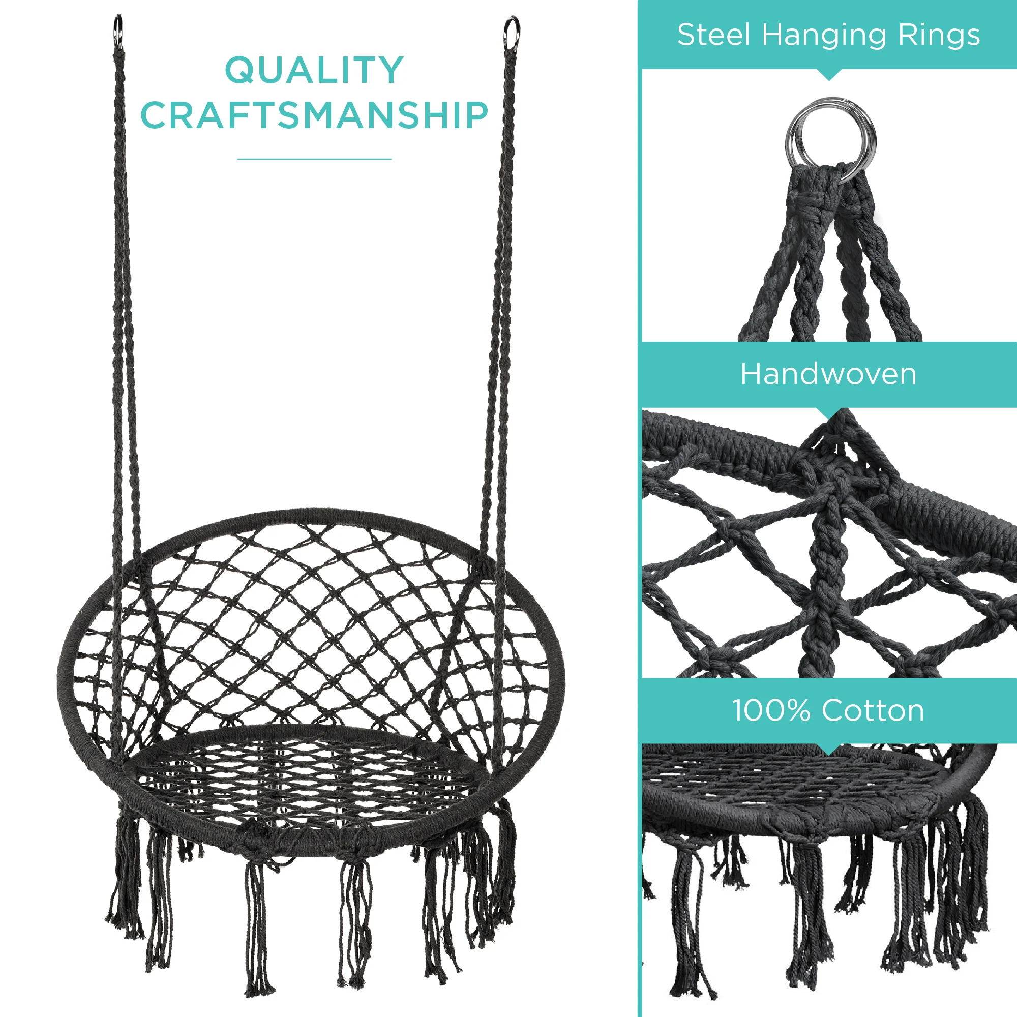 Cotton Macrame Hammock Hanging Chair Swing, Handwoven w/ Backrest - Image 5