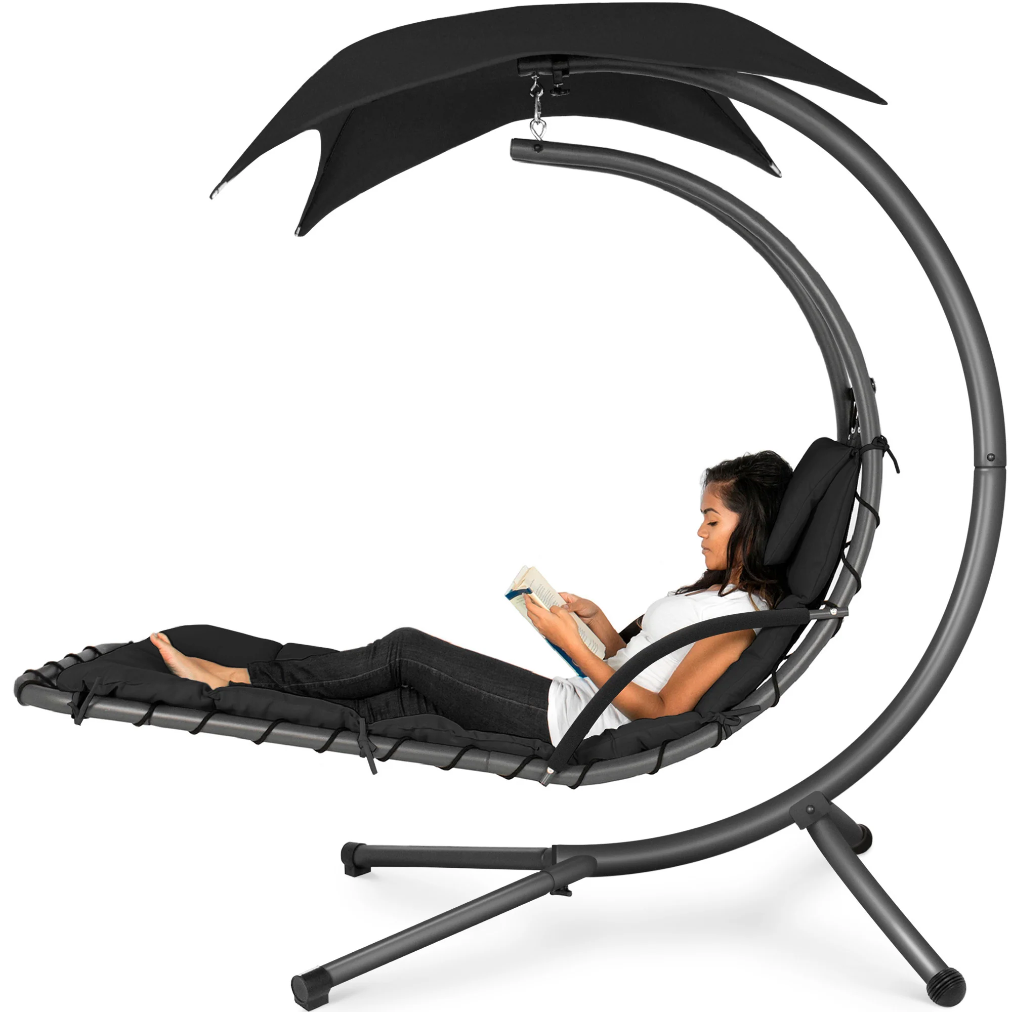 Hanging Curved Chaise Lounge Chair w/ Built-In Pillow, Removable Canopy - Image 113