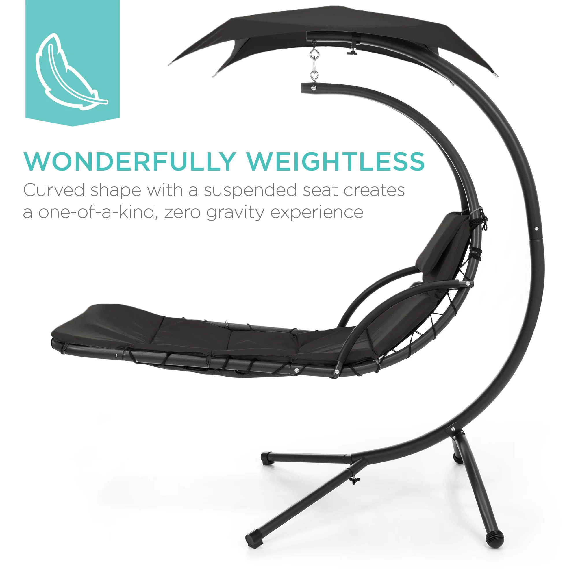 Hanging Curved Chaise Lounge Chair w/ Built-In Pillow, Removable Canopy - Image 114