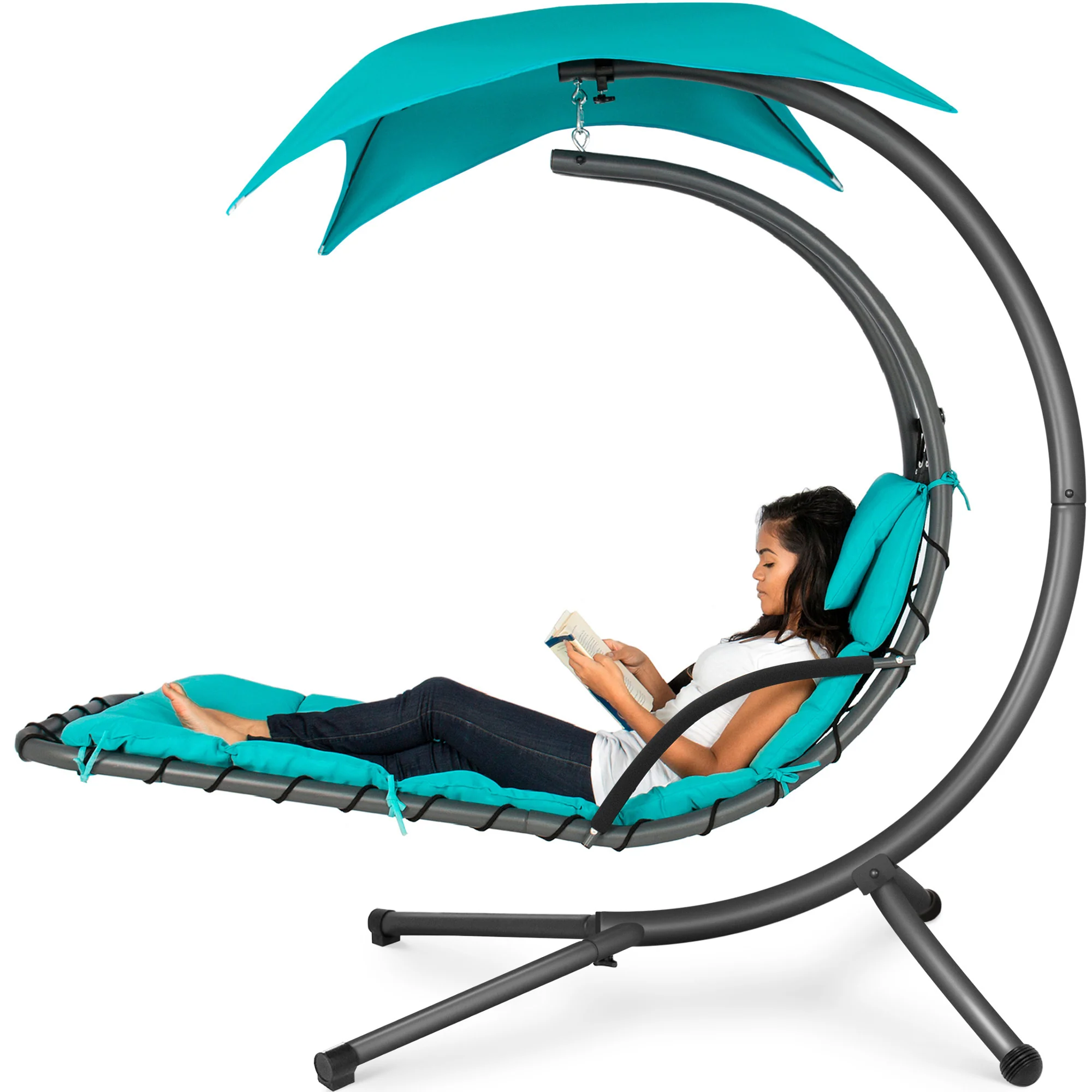 Hanging Curved Chaise Lounge Chair w/ Built-In Pillow, Removable Canopy - Image 121