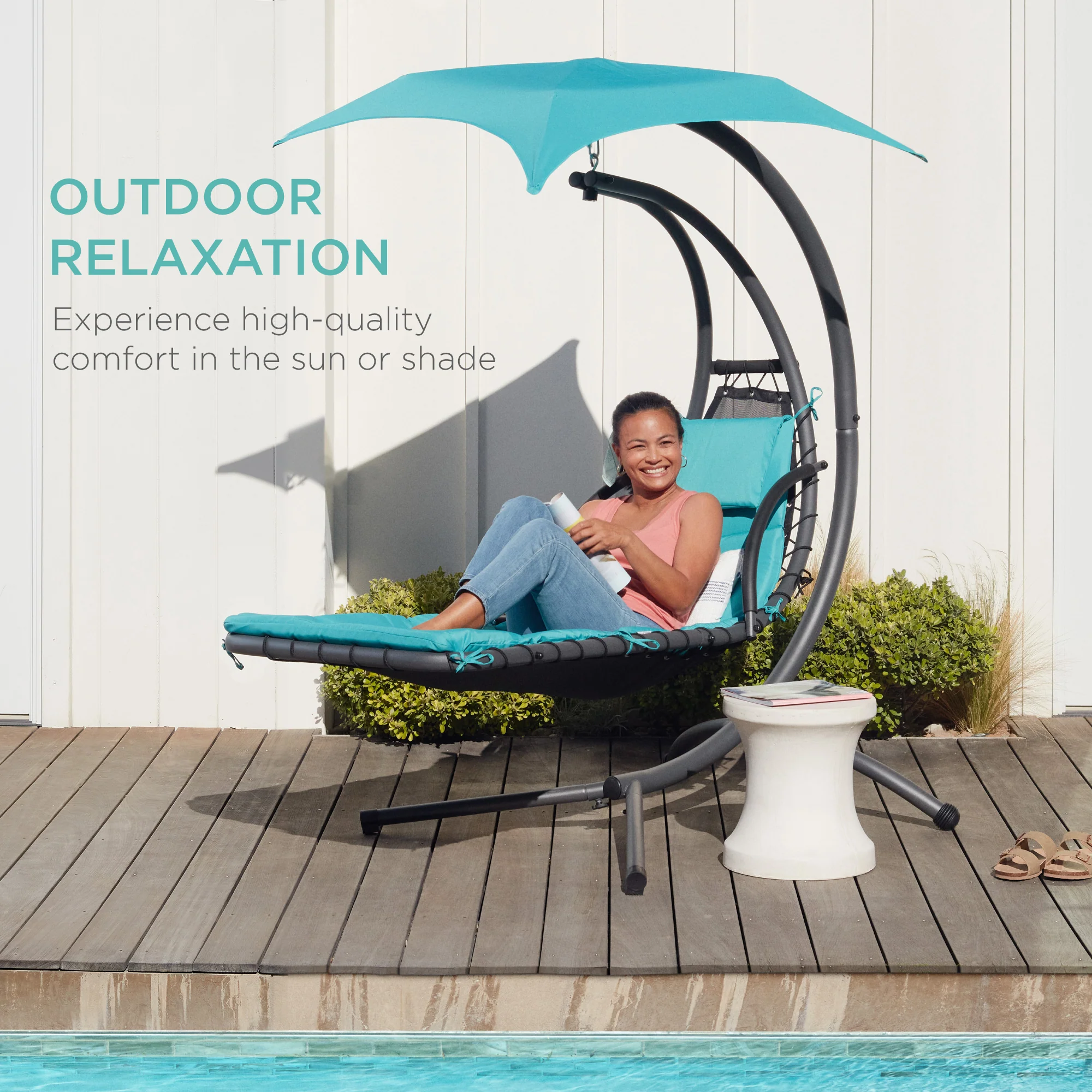 Hanging Curved Chaise Lounge Chair w/ Built-In Pillow, Removable Canopy - Image 127