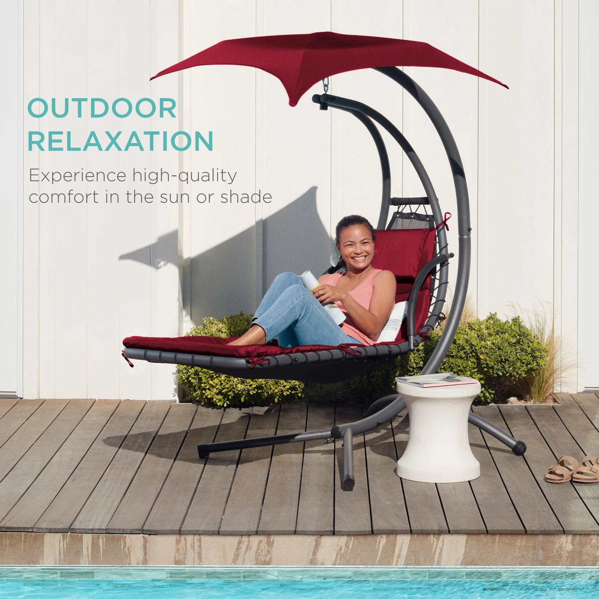 Hanging Curved Chaise Lounge Chair w/ Built-In Pillow, Removable Canopy - Image 15