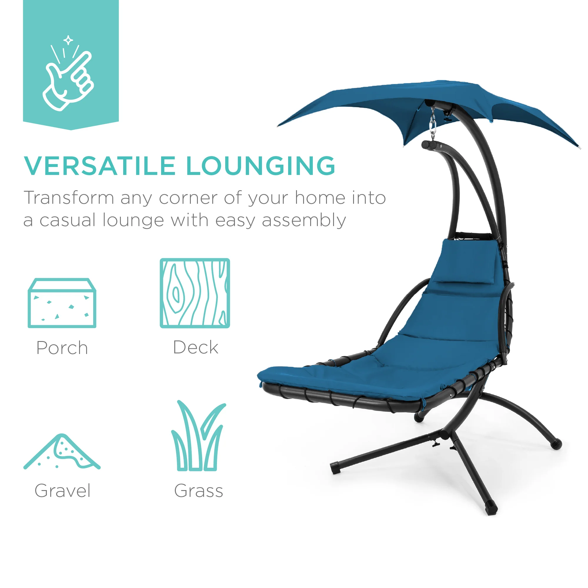 Hanging Curved Chaise Lounge Chair w/ Built-In Pillow, Removable Canopy - Image 21