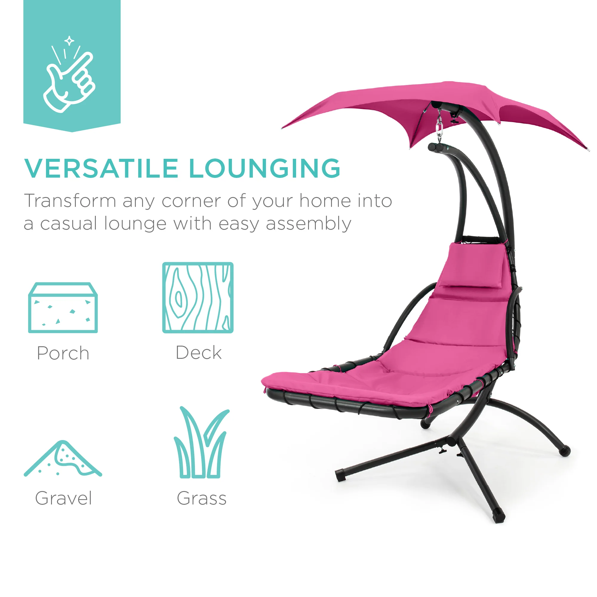 Hanging Curved Chaise Lounge Chair w/ Built-In Pillow, Removable Canopy - Image 29