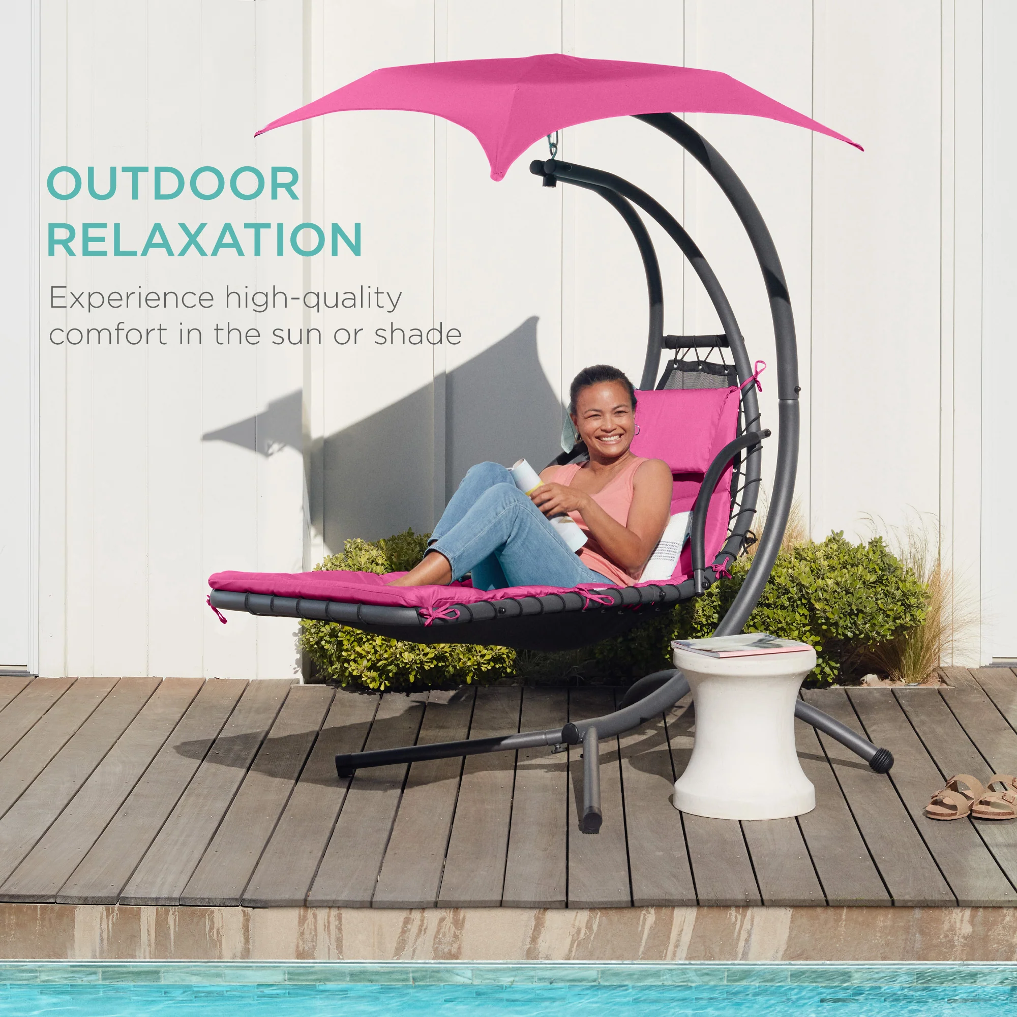 Hanging Curved Chaise Lounge Chair w/ Built-In Pillow, Removable Canopy - Image 31