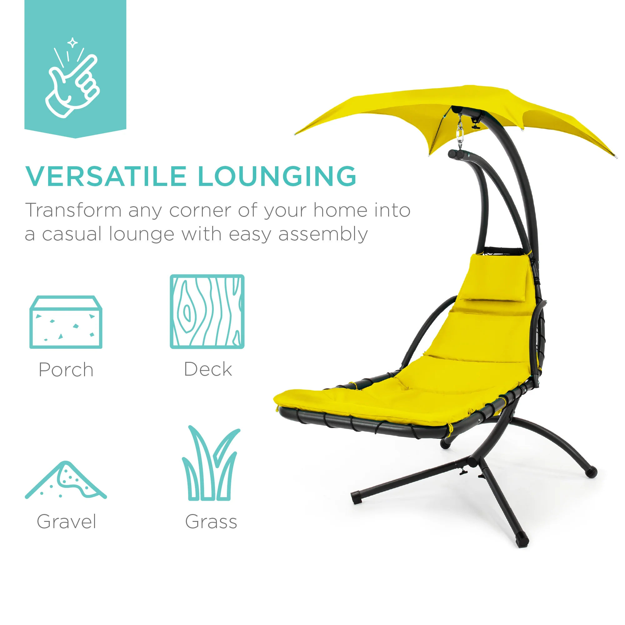 Hanging Curved Chaise Lounge Chair w/ Built-In Pillow, Removable Canopy - Image 37