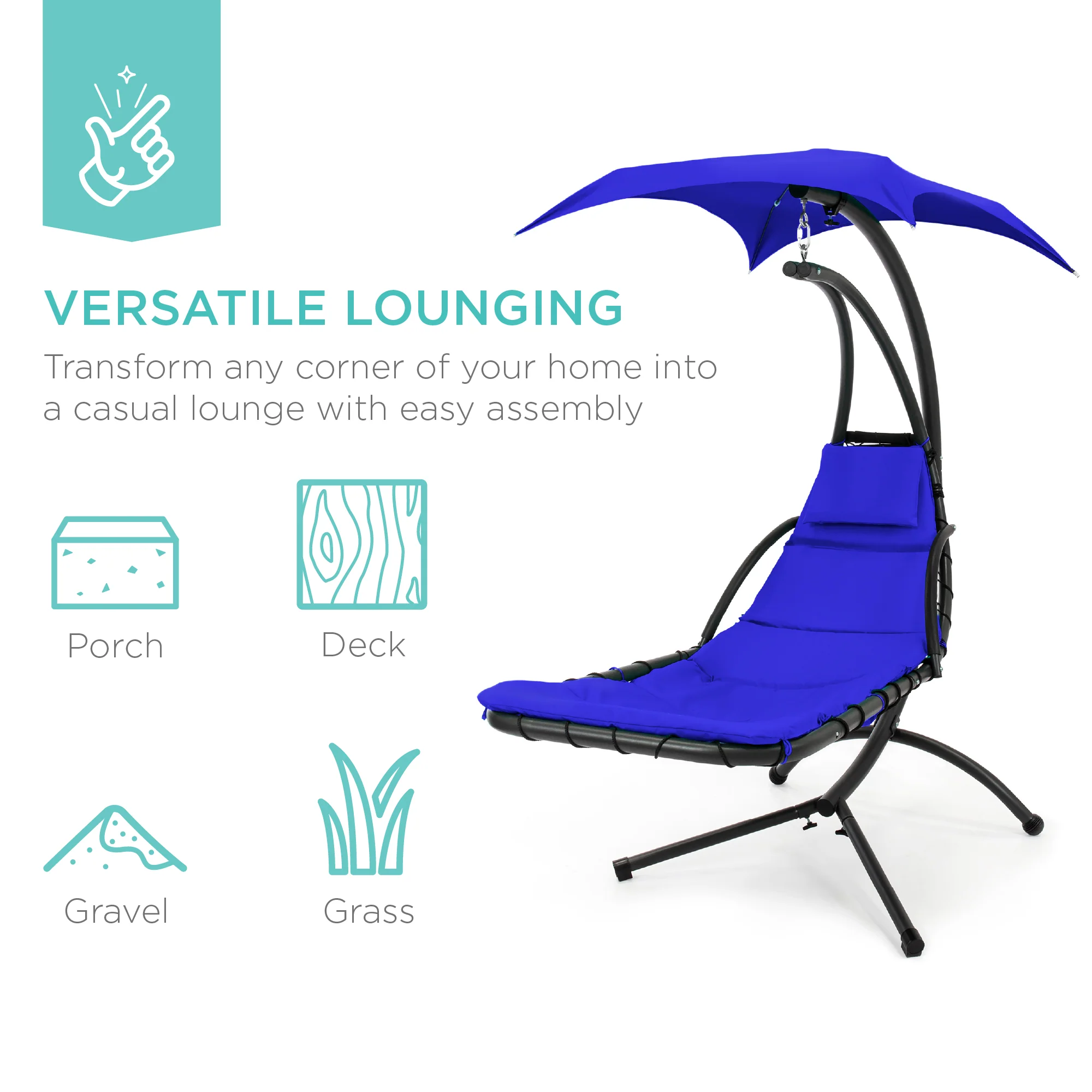 Hanging Curved Chaise Lounge Chair w/ Built-In Pillow, Removable Canopy - Image 5