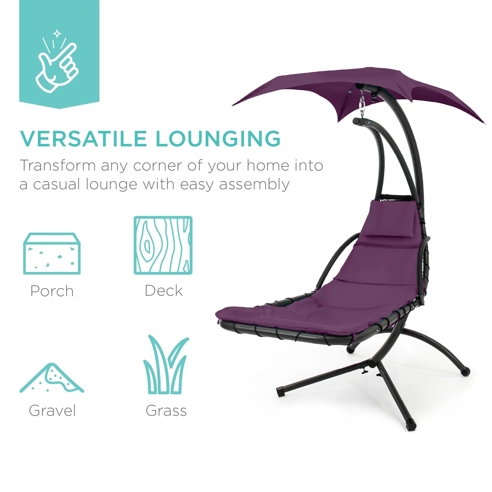 Hanging Curved Chaise Lounge Chair w/ Built-In Pillow, Removable Canopy - Image 61