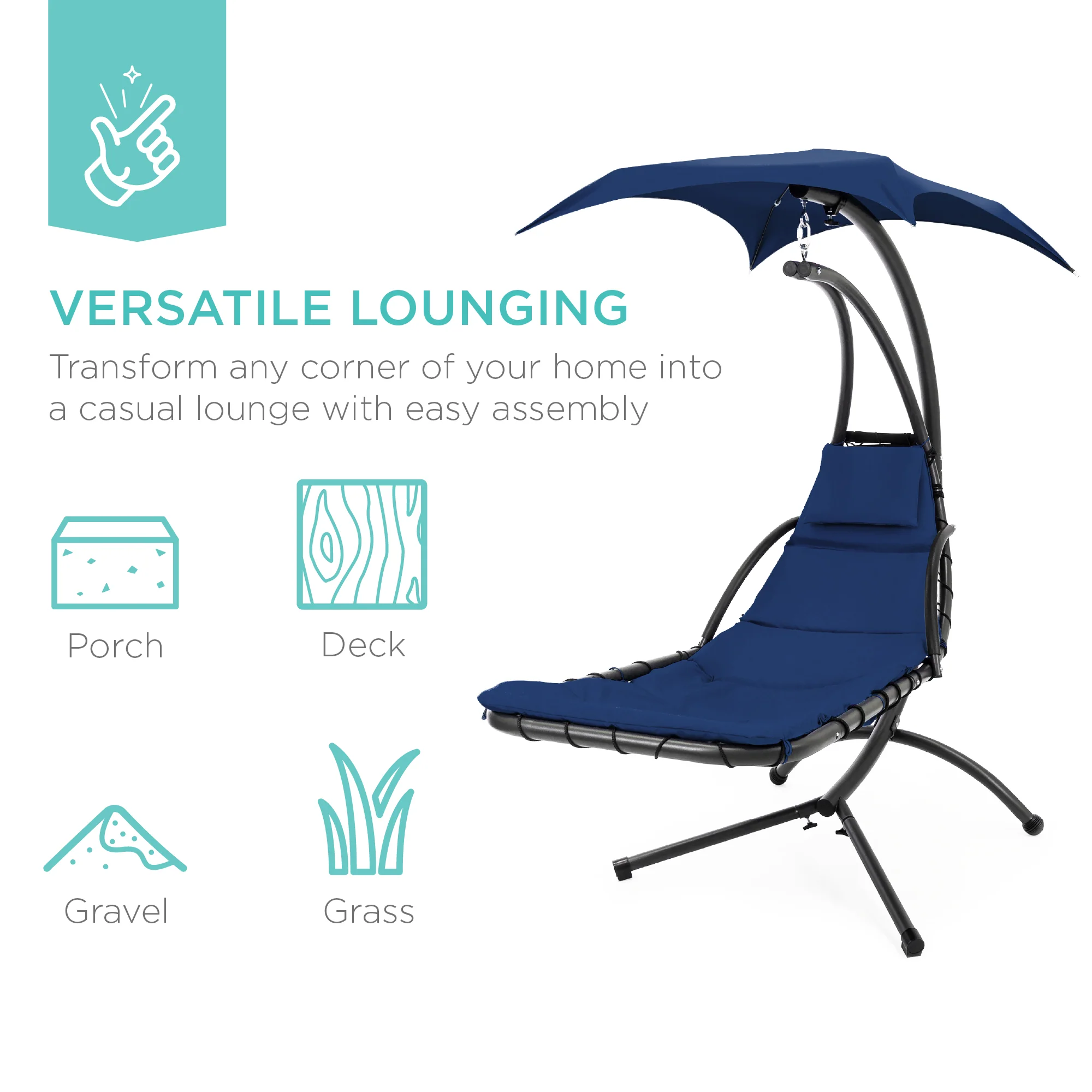 Hanging Curved Chaise Lounge Chair w/ Built-In Pillow, Removable Canopy - Image 69
