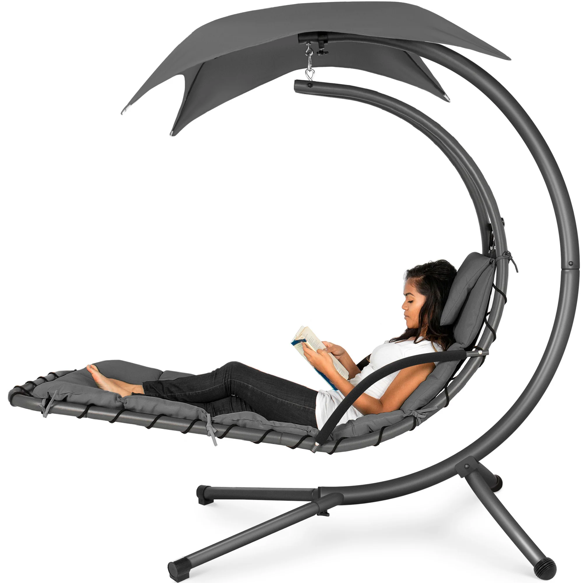 Hanging Curved Chaise Lounge Chair w/ Built-In Pillow, Removable Canopy - Image 73