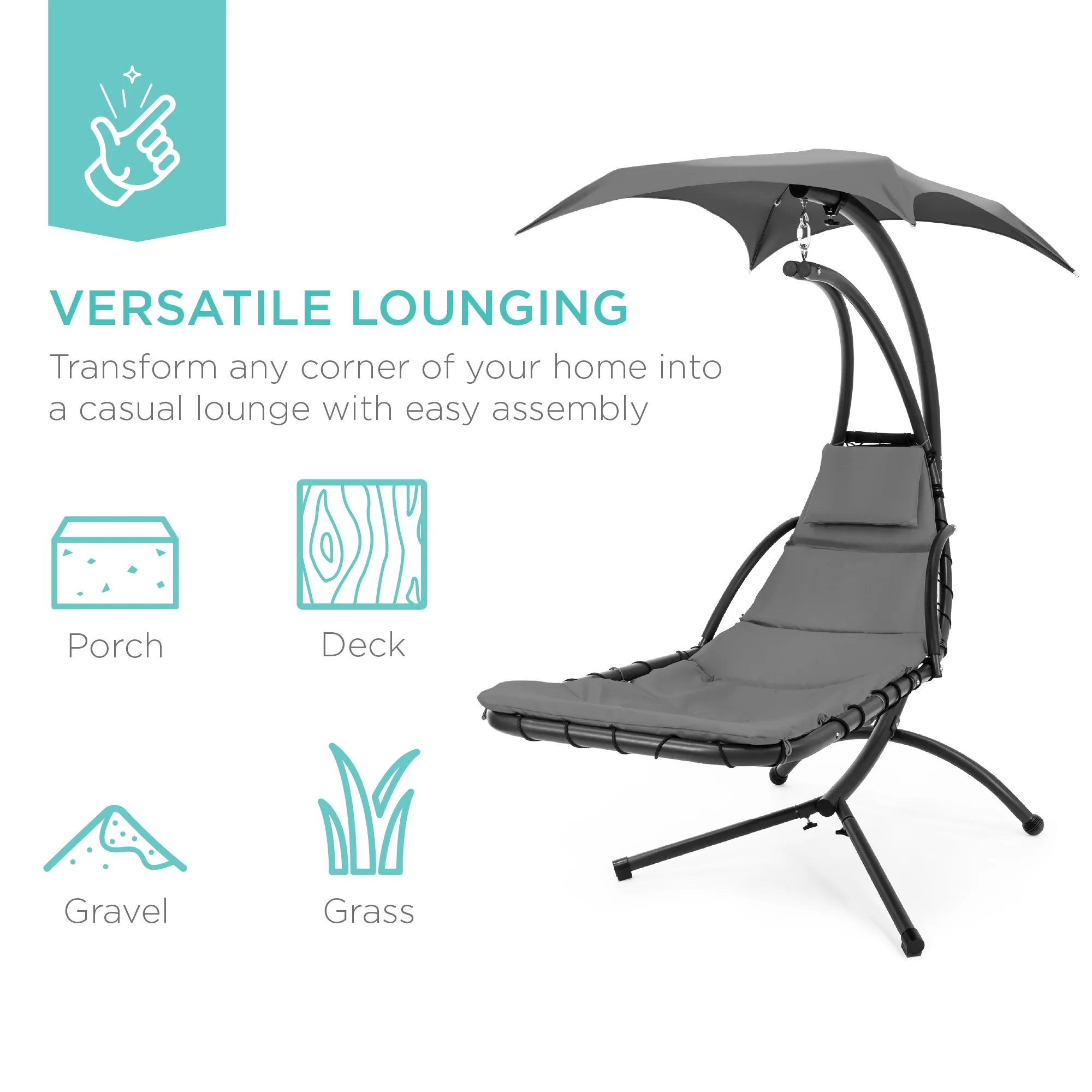 Hanging Curved Chaise Lounge Chair w/ Built-In Pillow, Removable Canopy - Image 77