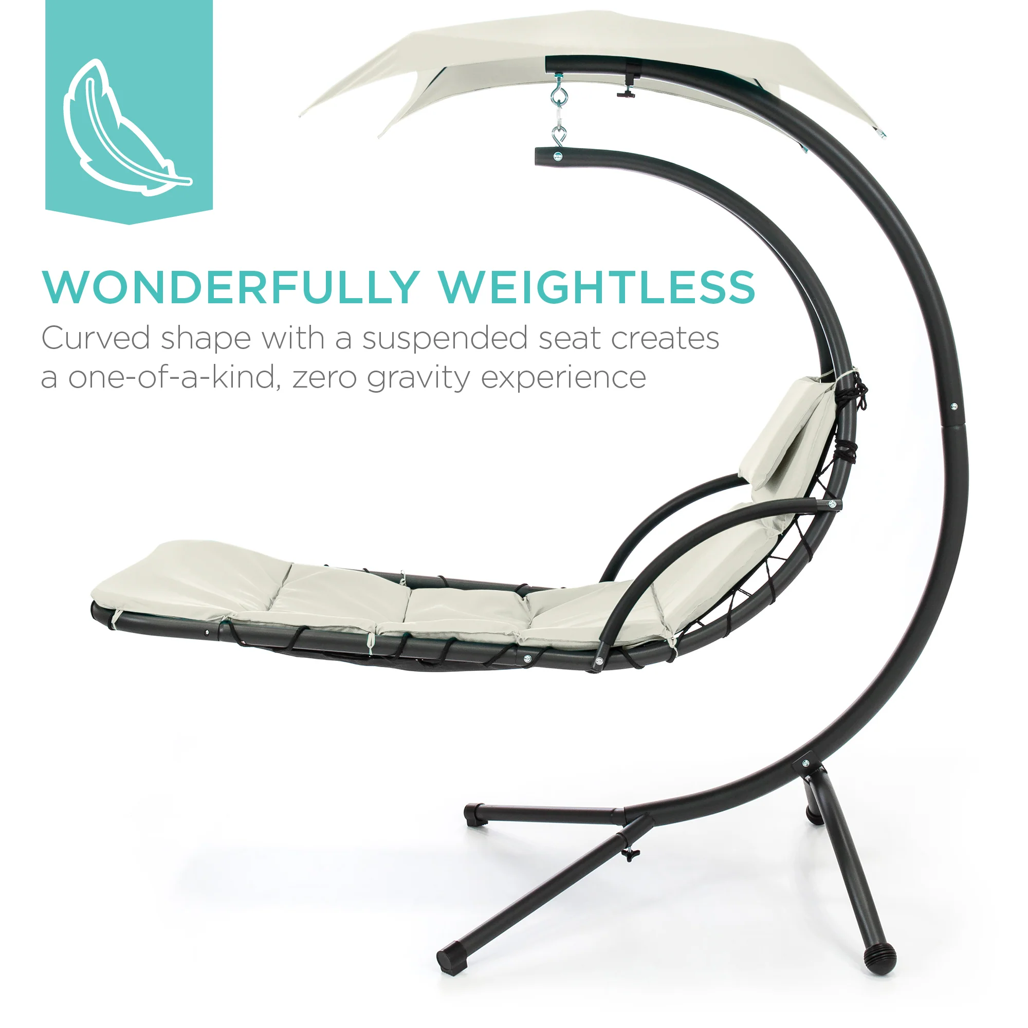 Hanging Curved Chaise Lounge Chair w/ Built-In Pillow, Removable Canopy - Image 82