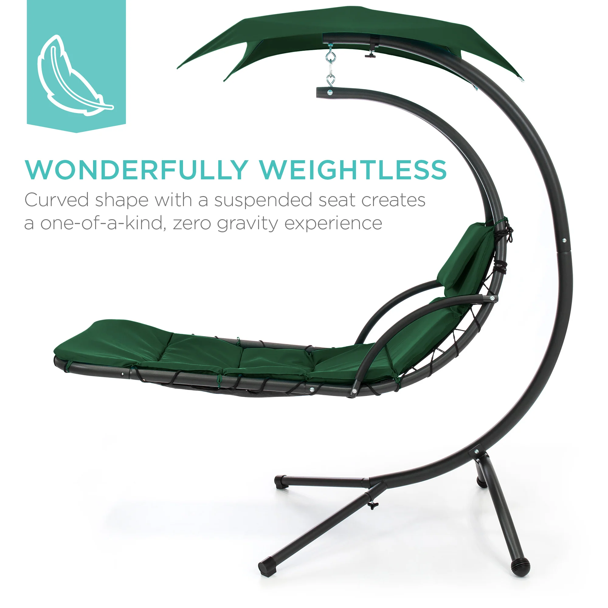 Hanging Curved Chaise Lounge Chair w/ Built-In Pillow, Removable Canopy - Image 90