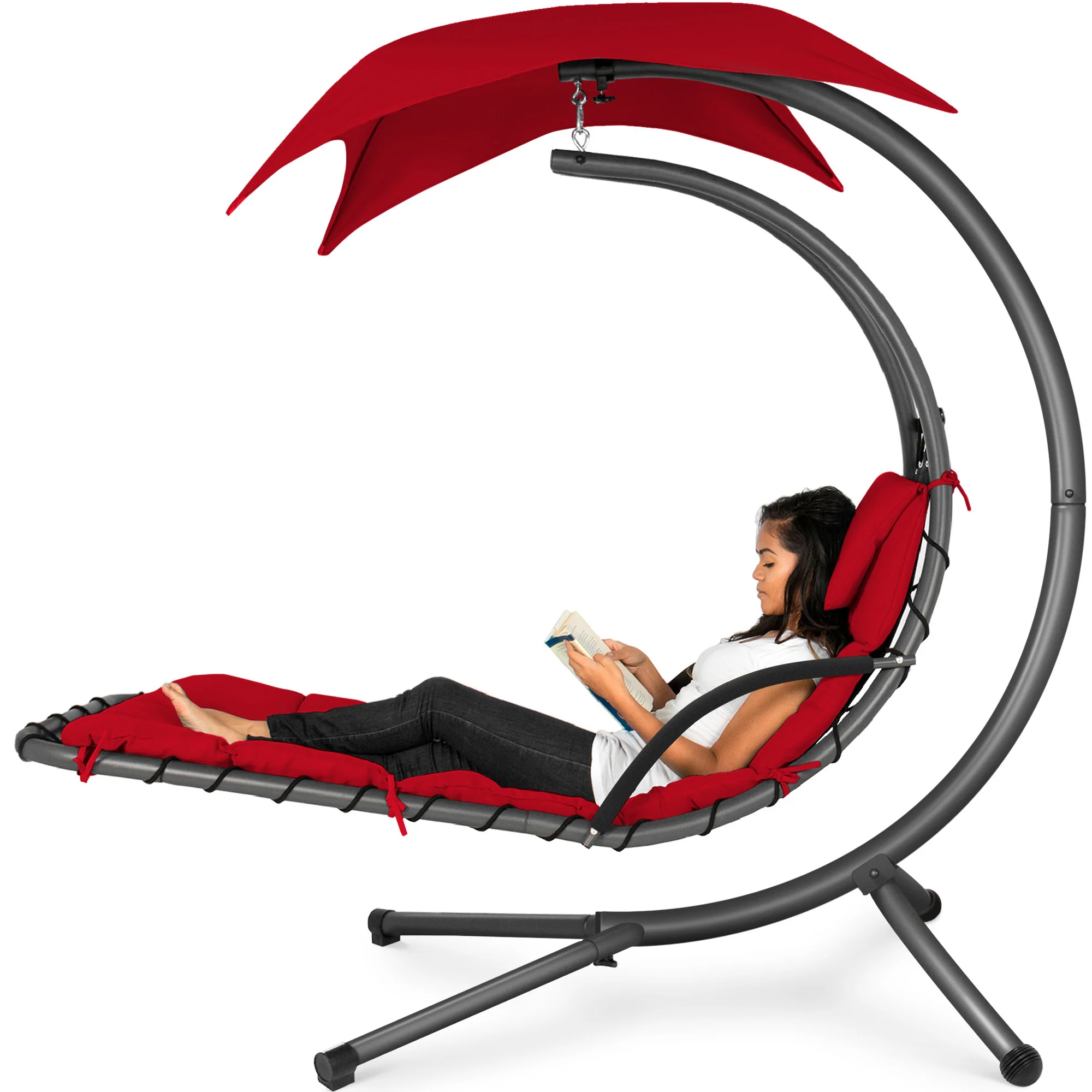 Hanging Curved Chaise Lounge Chair w/ Built-In Pillow, Removable Canopy - Image 97