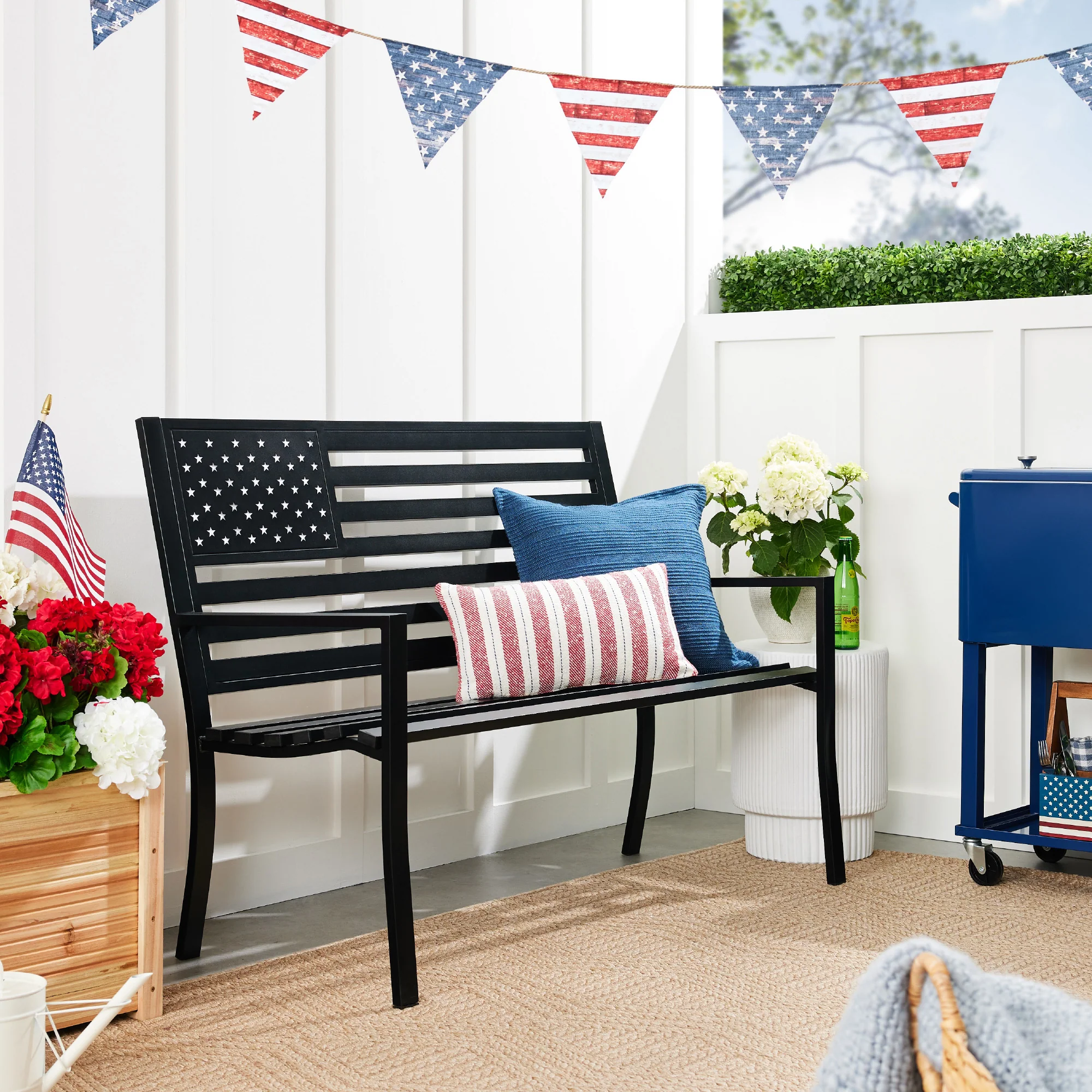 Indoor Outdoor Steel Bench w/ American Flag Backrest, 790lb Capacity - Image 10