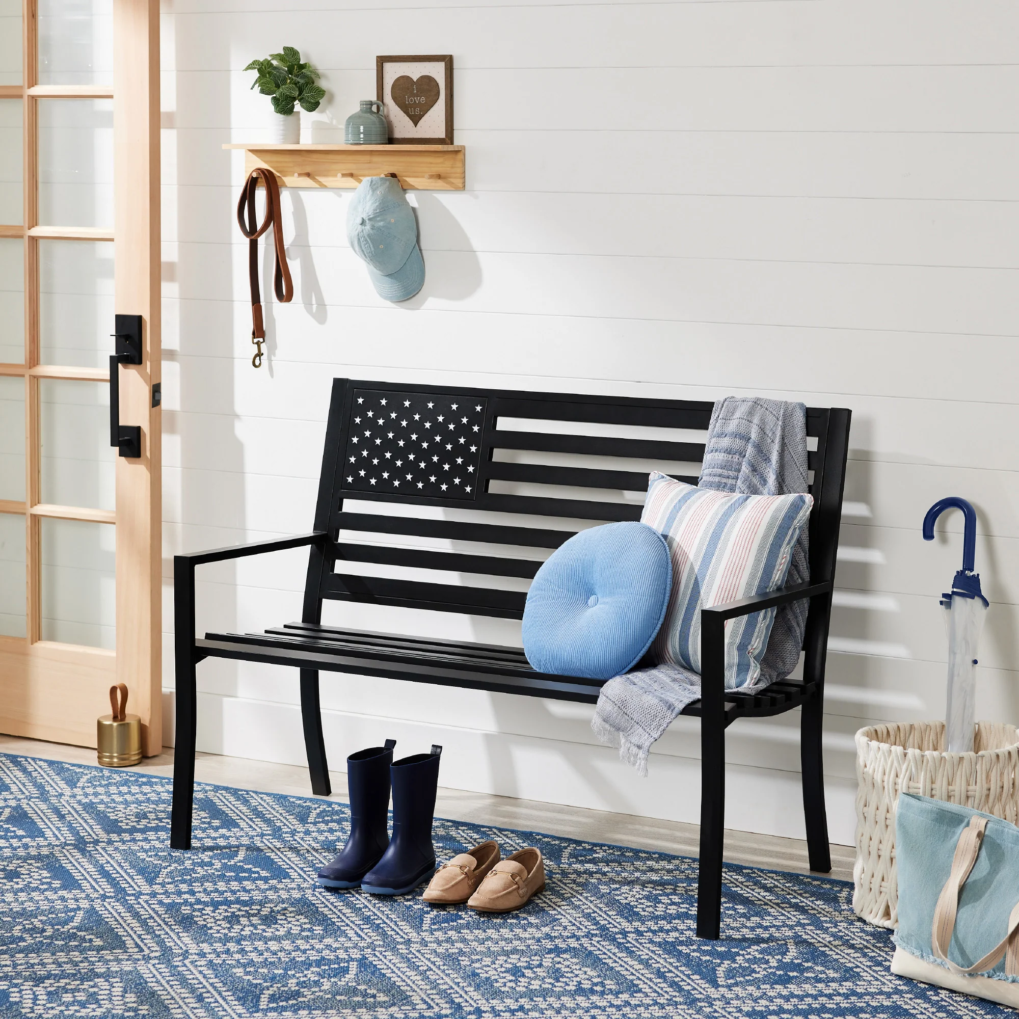 Indoor Outdoor Steel Bench w/ American Flag Backrest, 790lb Capacity - Image 11