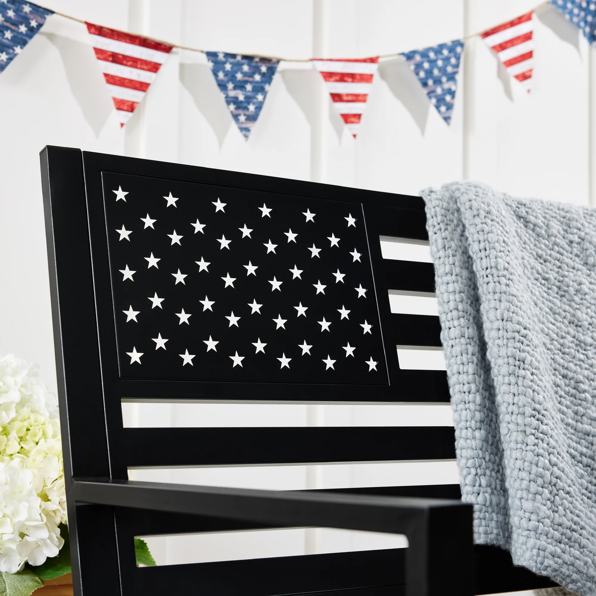 Indoor Outdoor Steel Bench w/ American Flag Backrest, 790lb Capacity - Image 12