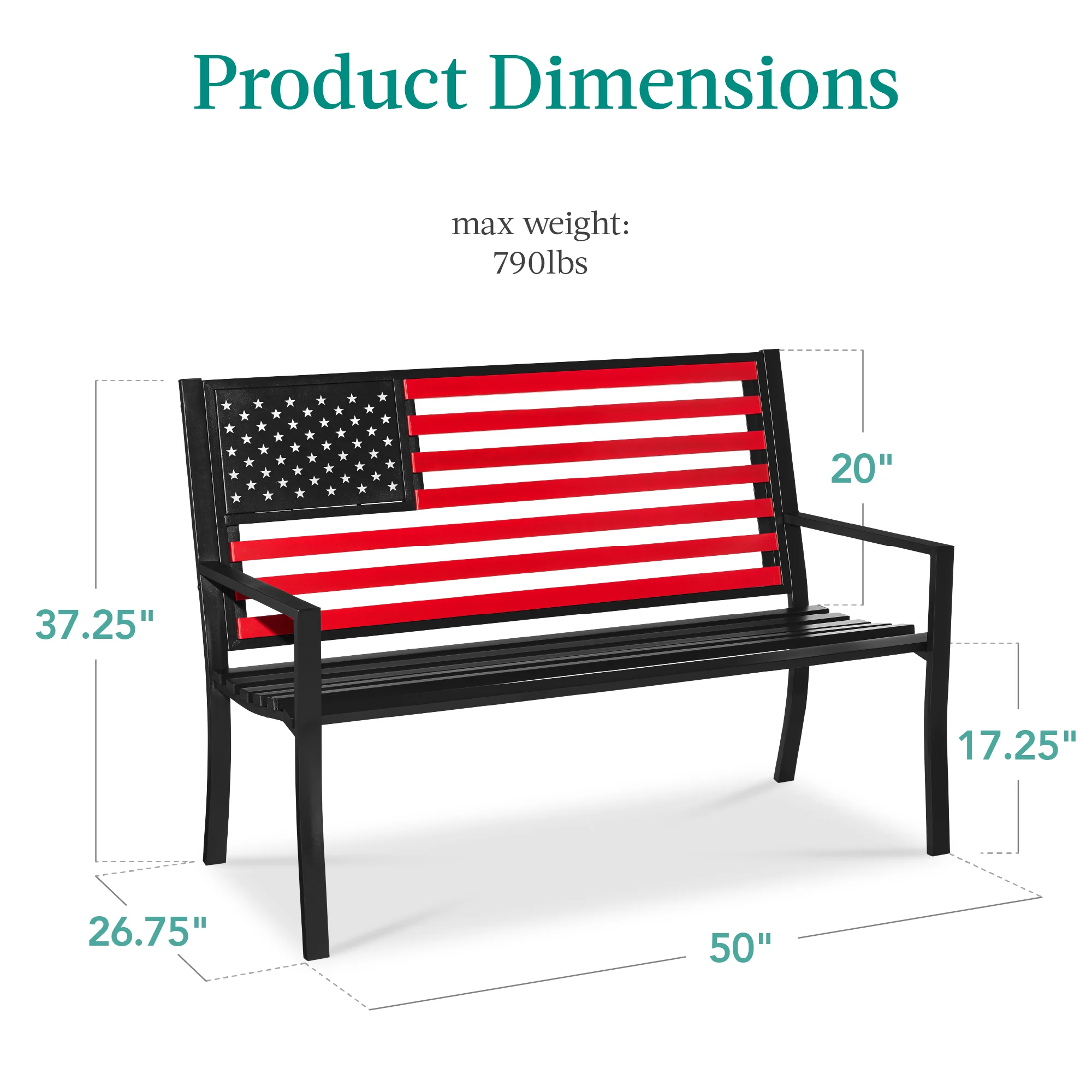 Indoor Outdoor Steel Bench w/ American Flag Backrest, 790lb Capacity - Image 14
