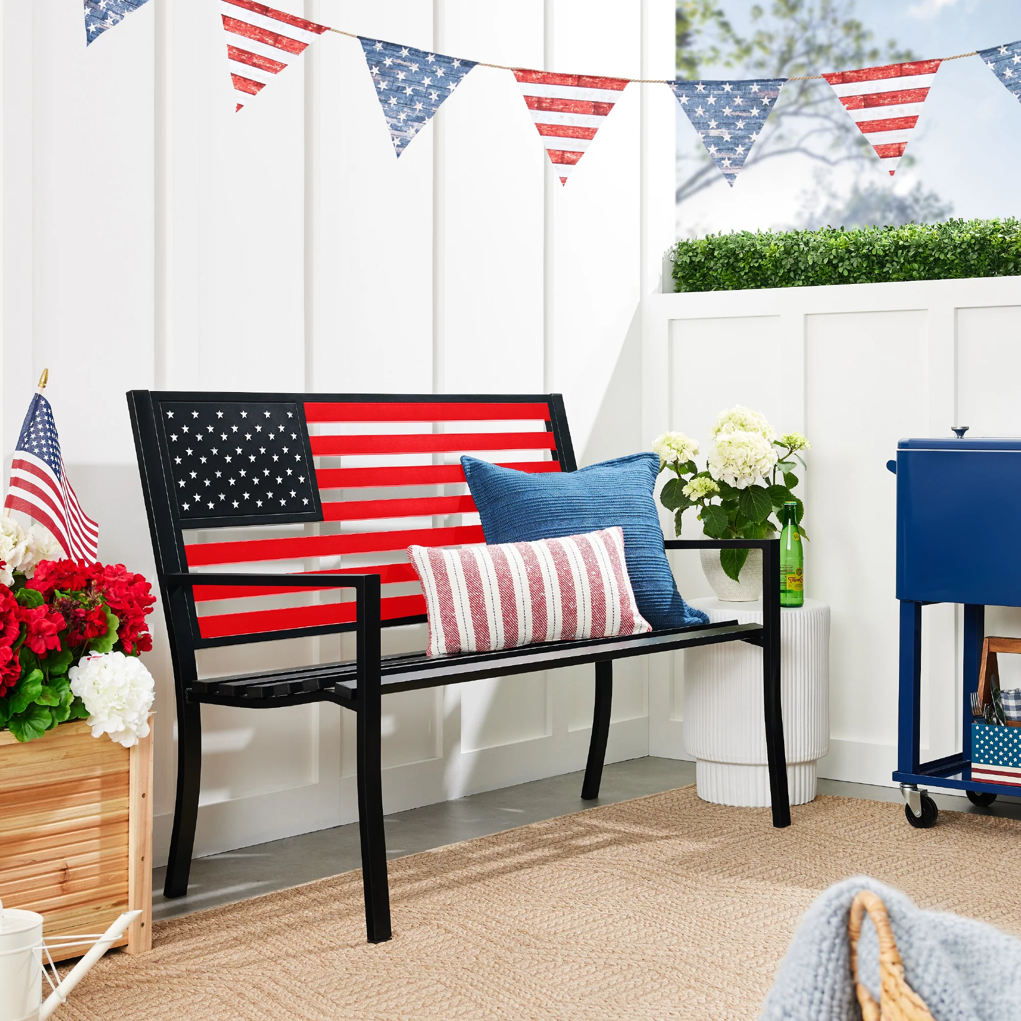 Indoor Outdoor Steel Bench w/ American Flag Backrest, 790lb Capacity - Image 16